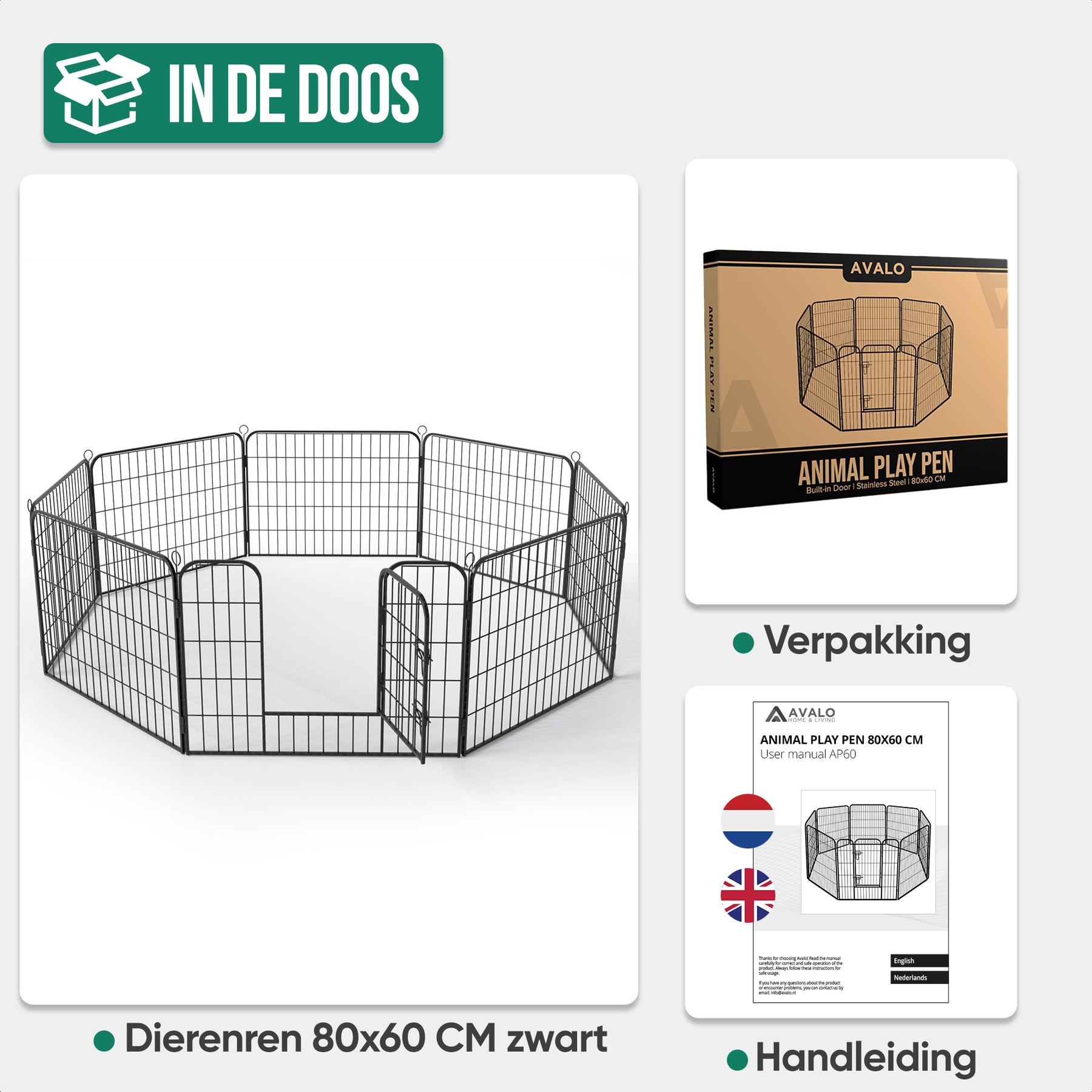 Avalo Puppyren Ø210cm Opvouwbaar Zwart - 8 panelen 80x60cm - Dierenren / Konijnenren / Hondenren