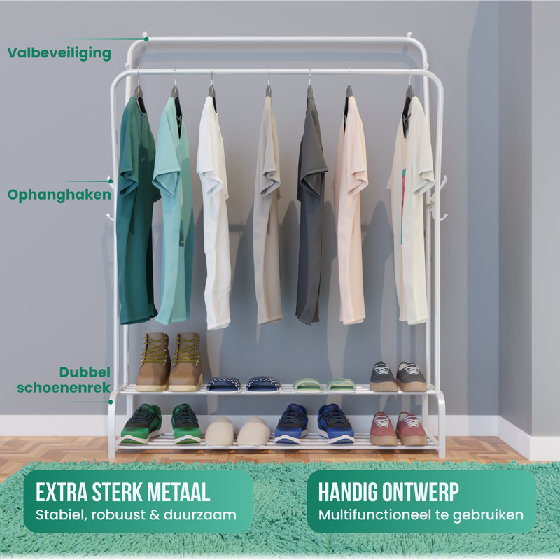 Avalo Industrieel Kledingrek Dubbele Stang - Metaal - 110x33x150 CM - Wit - Opbergruimte Voor Schoenen - Garderoberek Met Haken