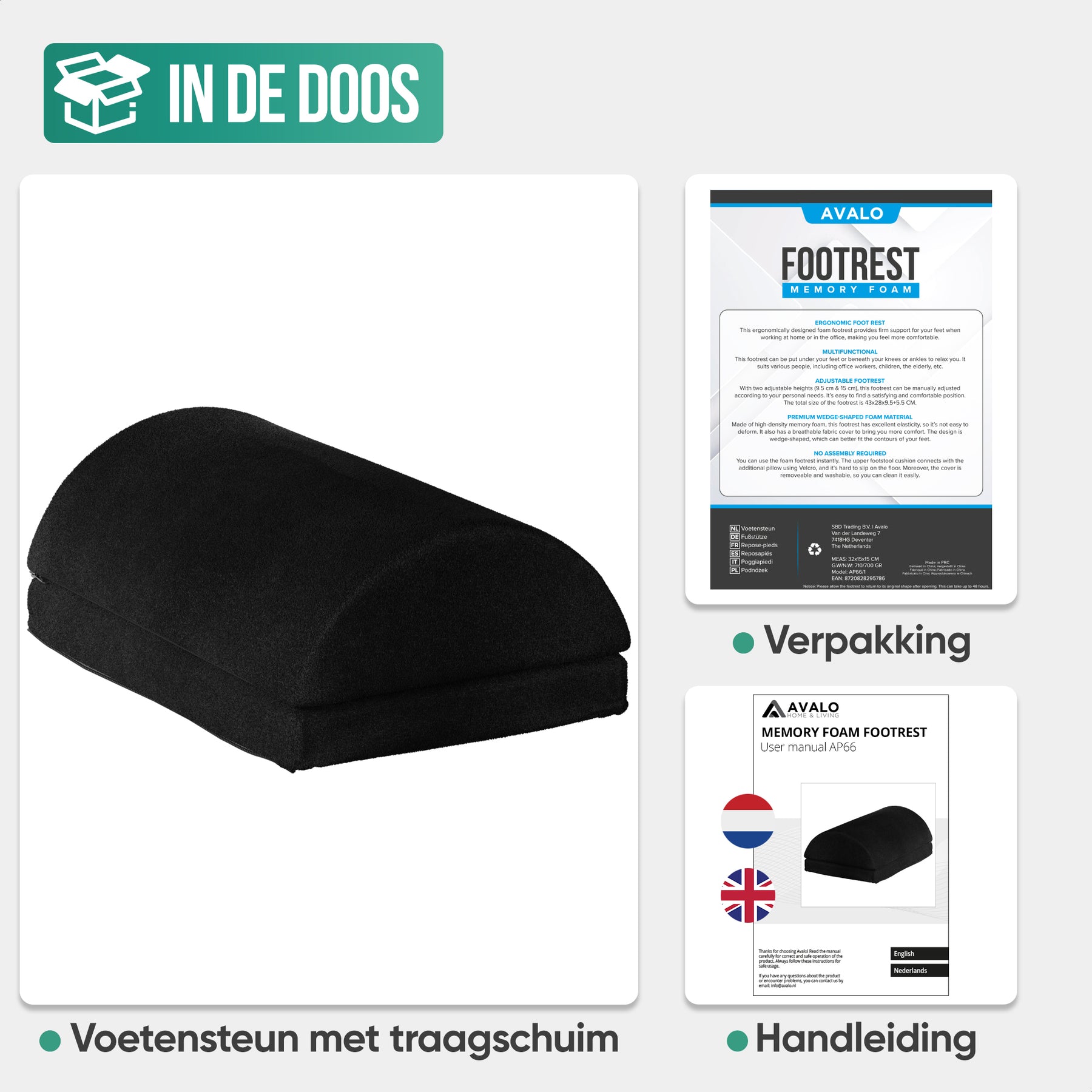 Avalo Voetensteun Bureau Stof - Ergonomisch Traagschuim - Uitwasbaar - Verstelbaar - Voor Thuis & Kantoor - Zwart