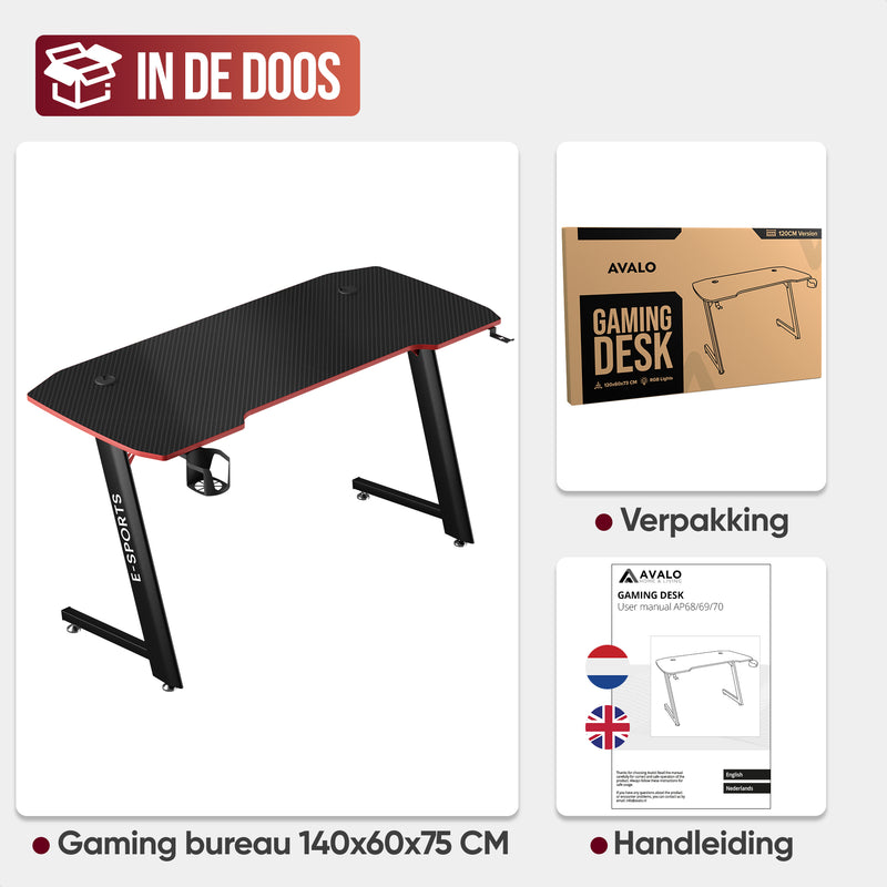 Avalo Gaming Bureau - 140x60x75 CM - Game Desk - Tafel - Zwart
