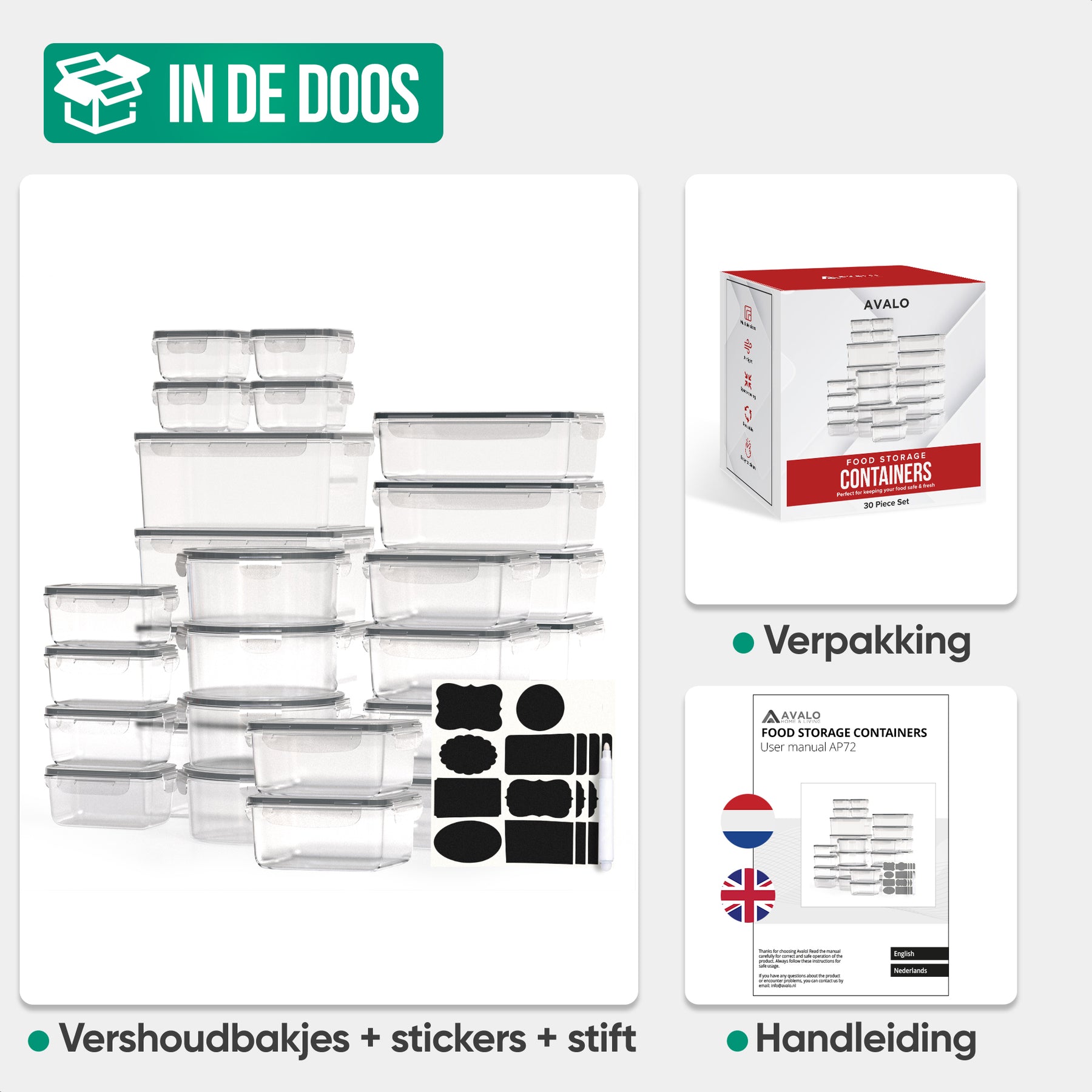 Avalo Vershoudbakjes - Meal Prep Bakjes - Plastic Diepvries Bakjes - Met Deksel - 30 Delige set - BPA Vrije Magnetronbakjes