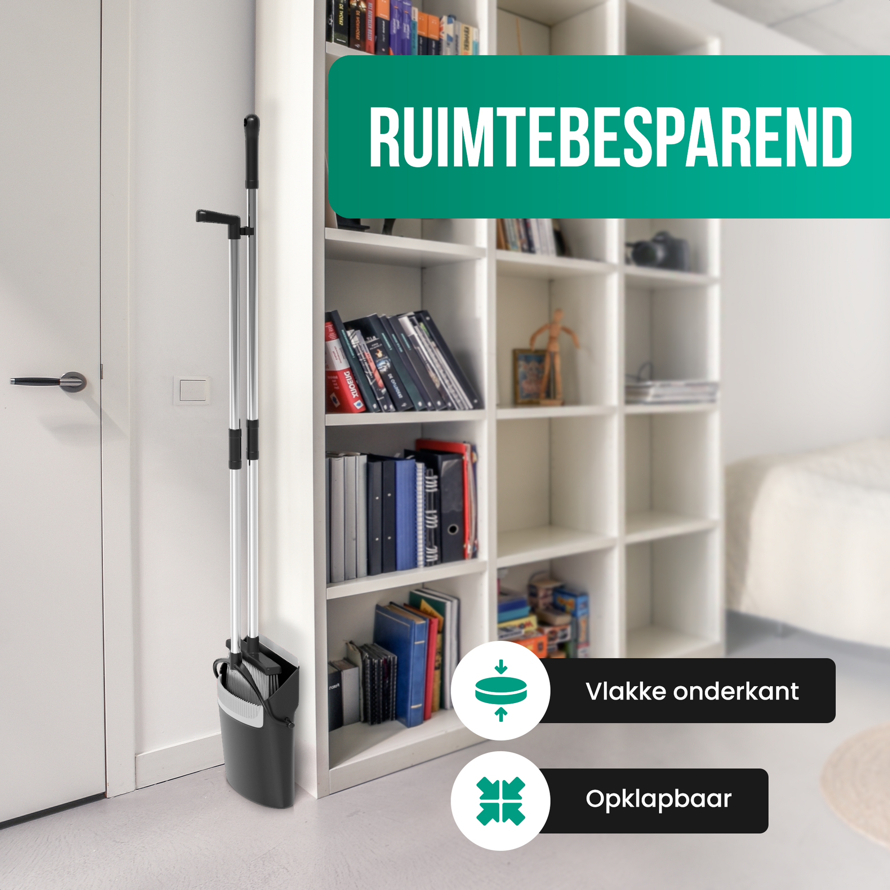 Avalo Stoffer en Blik met Lange Steel - Verstelbaar 87-127cm - Ingebouwde Schoonmaaktanden - Zwart