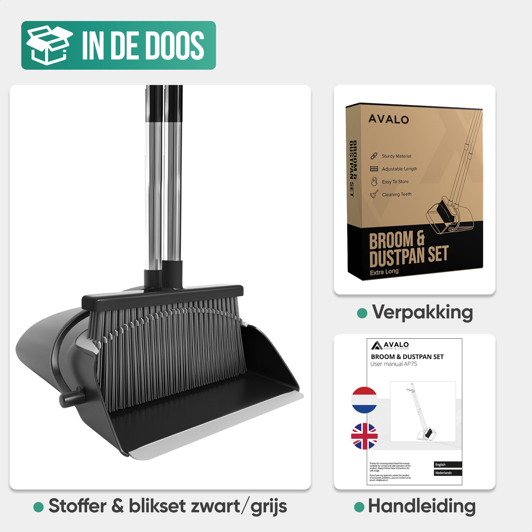 Avalo Stoffer en Blik met Lange Steel - Verstelbaar 87-127cm - Ingebouwde Schoonmaaktanden - Zwart