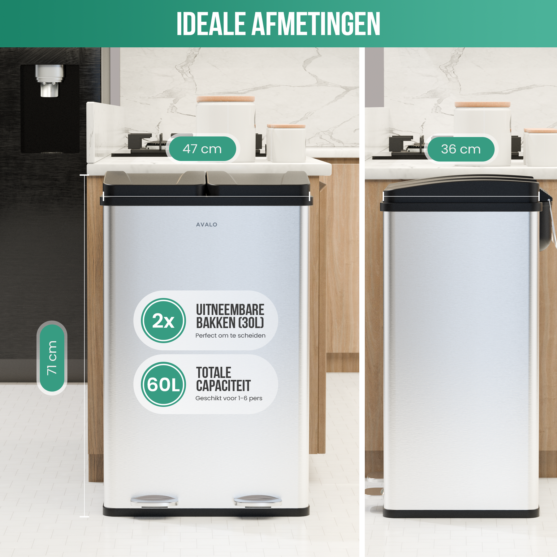 Avalo Prullenbak Afvalscheiding 60 Liter - RVS Zilver - 2 Vakken - Milieubewust, Hygienisch & Vingerafdrukvrij - Pedaalemmer / Vuilnisbak