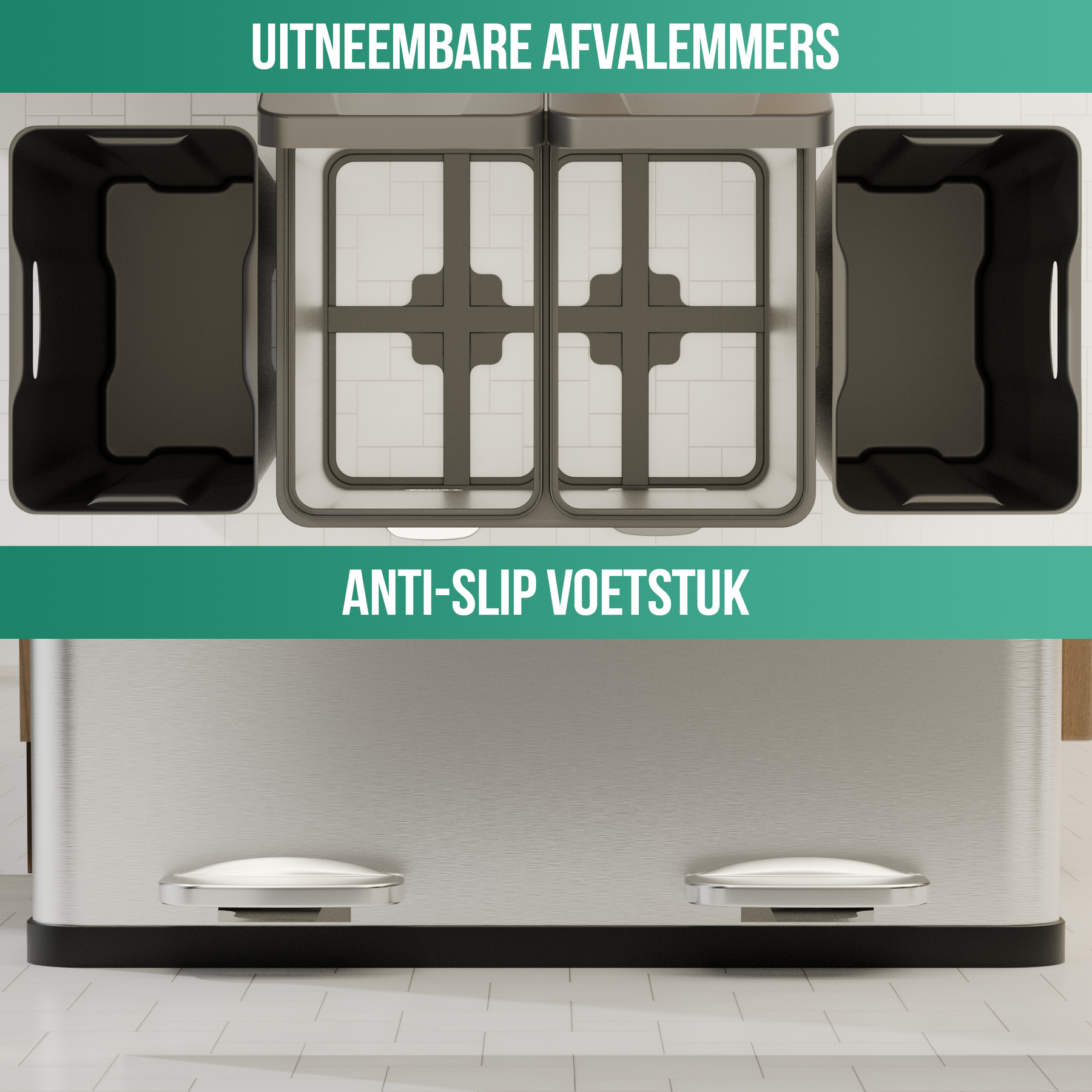 Avalo Prullenbak Afvalscheiding 60 Liter - RVS Zilver - 2 Vakken - Milieubewust, Hygienisch & Vingerafdrukvrij - Pedaalemmer / Vuilnisbak