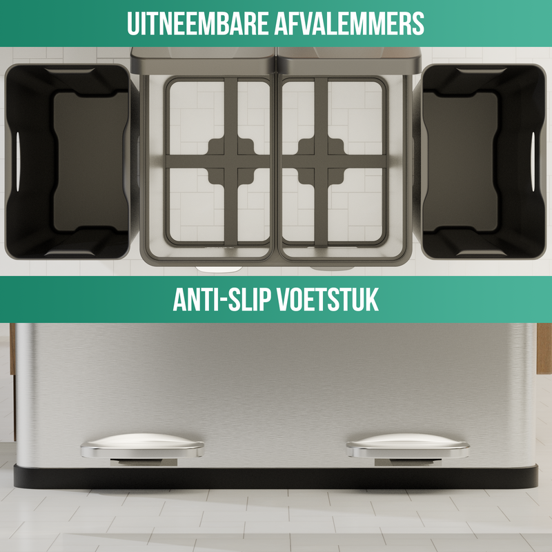 Avalo Prullenbak Afvalscheiding 60 Liter - RVS Zilver - 2 Vakken - Milieubewust, Hygienisch & Vingerafdrukvrij - Pedaalemmer / Vuilnisbak