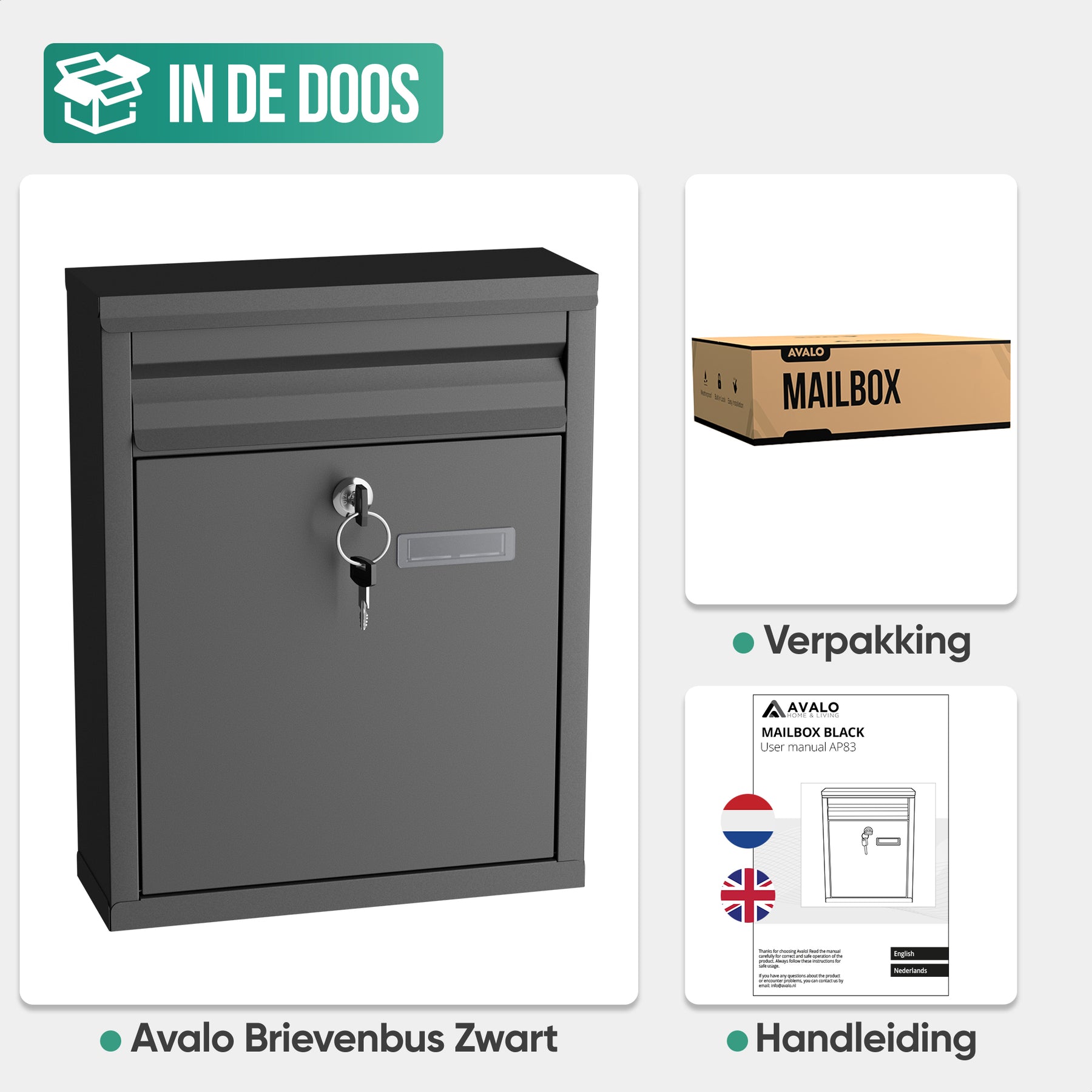 Avalo Brievenbus Zwart RVS - Wandbrievenbus - Incl. Montagemateriaal & 2 Sleutels