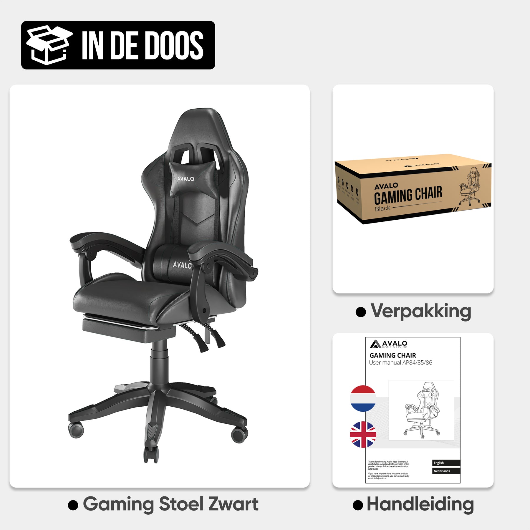 Avalo Gaming Stoel - Gamestoel - Ergonomische Bureaustoel Verstelbaar - Game Stoel - Gaming Chair - Zwart