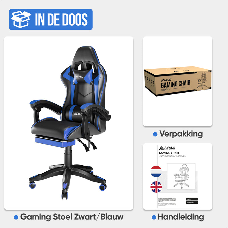 Avalo Gaming Stoel - Gamestoel - Ergonomische Bureaustoel Verstelbaar - Game Stoel - Gaming Chair - Zwart/Blauw
