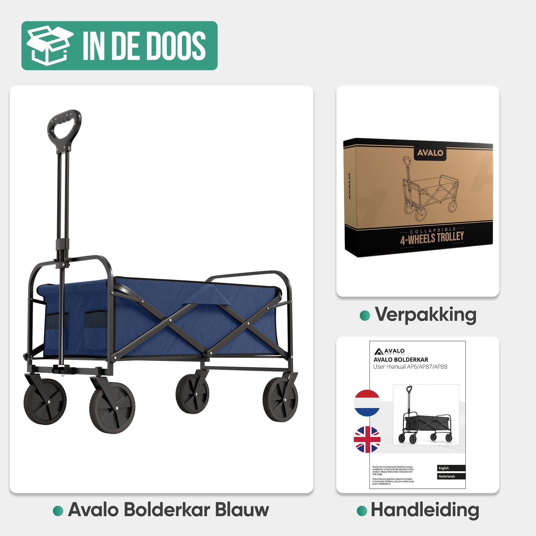 Avalo Bolderkar - Opvouwbaar - Tot 90KG - 80x47x49 CM - 80L - 360º Wielen - Blauw