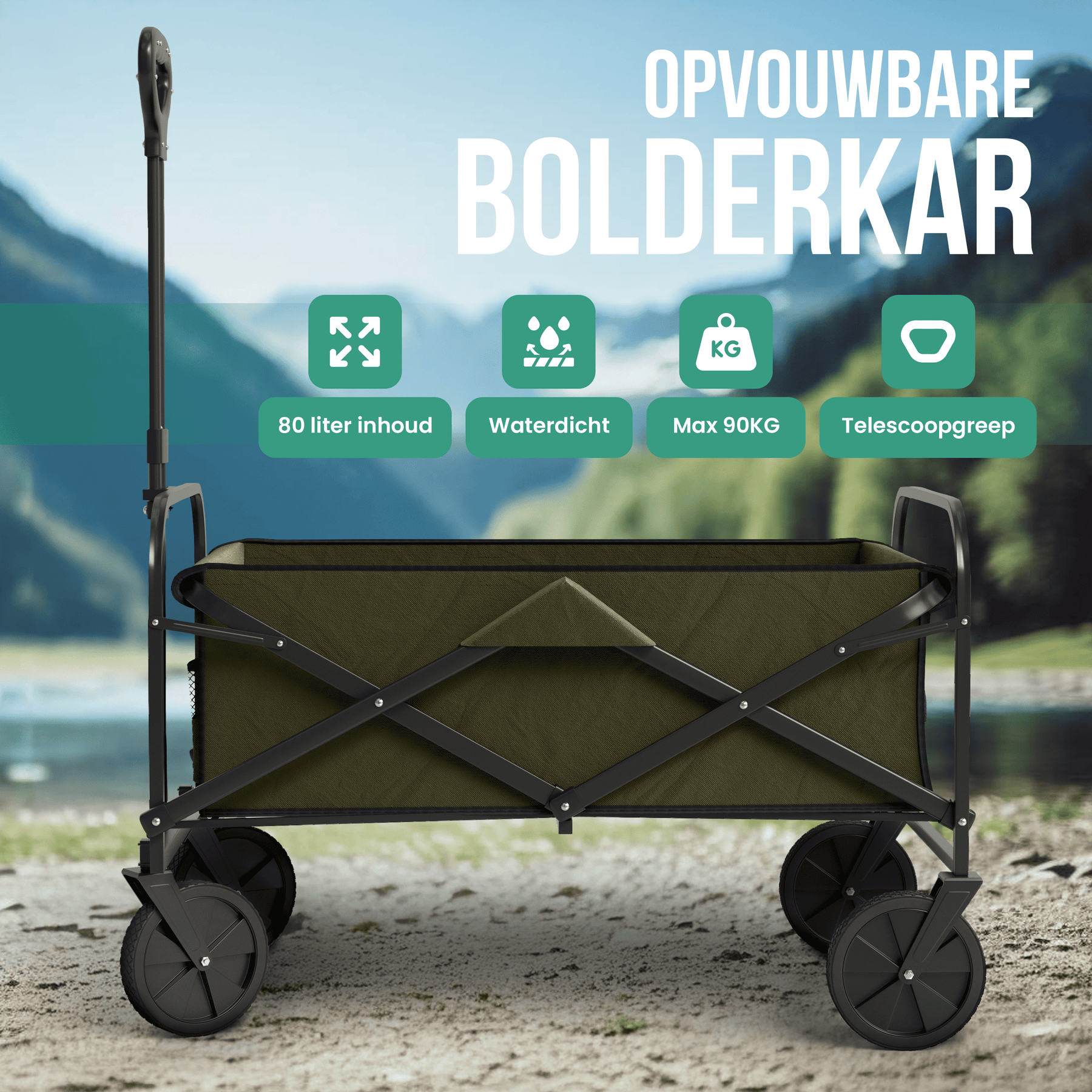 Avalo Bolderkar - Opvouwbaar - Tot 90KG - 80x47x49 CM - 80L - 360º Wielen - Groen