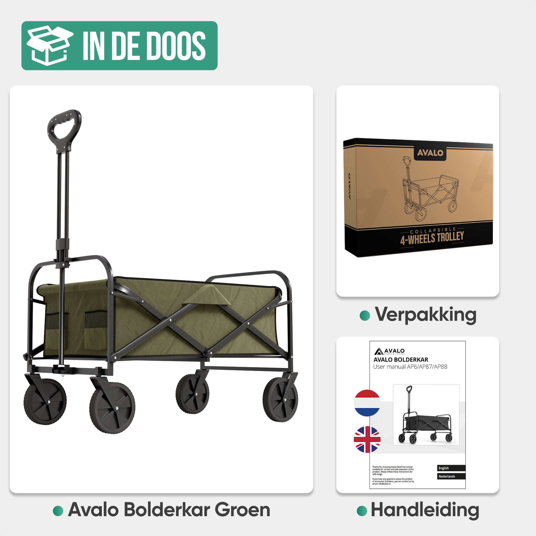 Avalo Bolderkar - Opvouwbaar - Tot 90KG - 80x47x49 CM - 80L - 360º Wielen - Groen