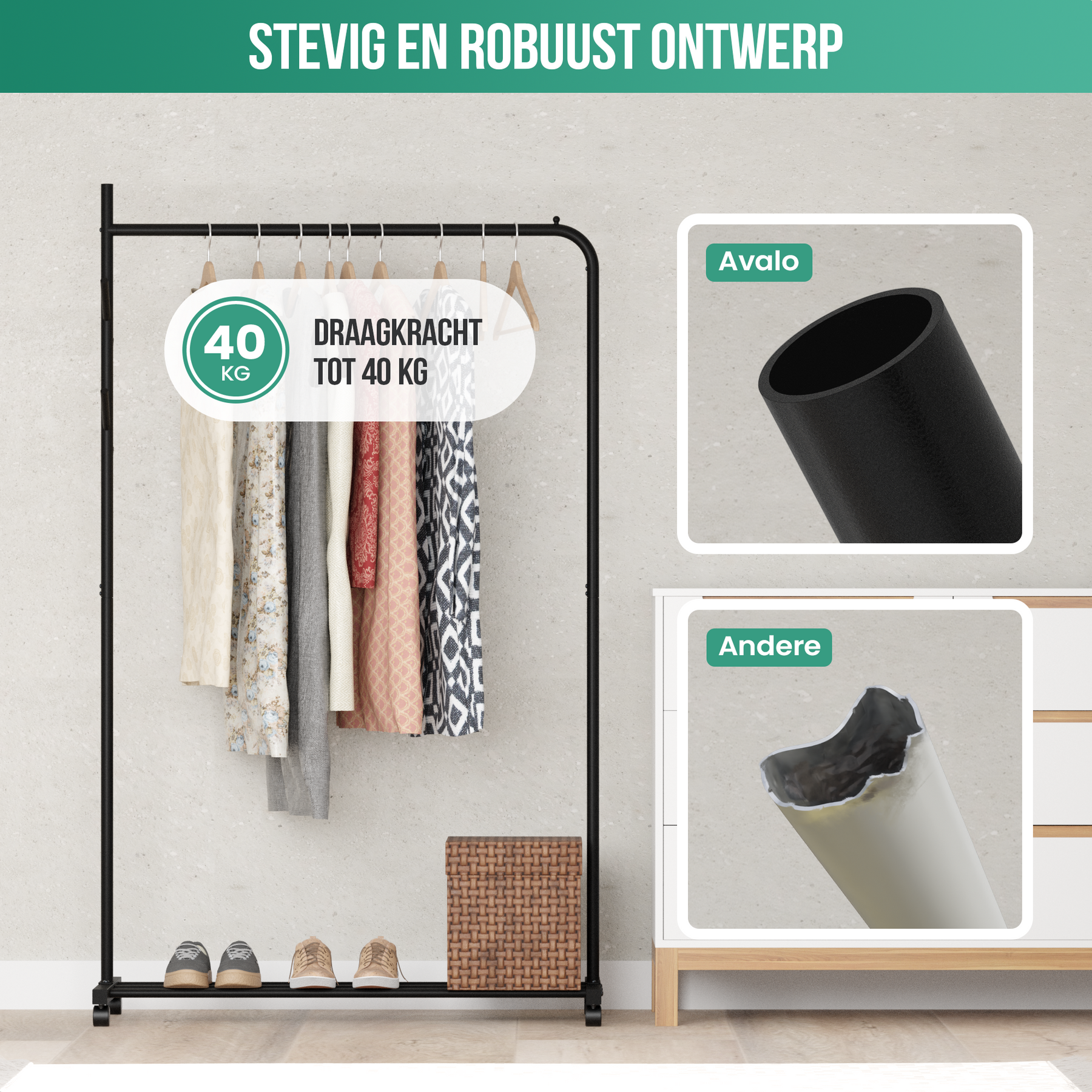 Avalo Kledingrek op Wieltjes Zwart - Metaal - 100x40x156 CM - Opbergruimte Voor Schoenen