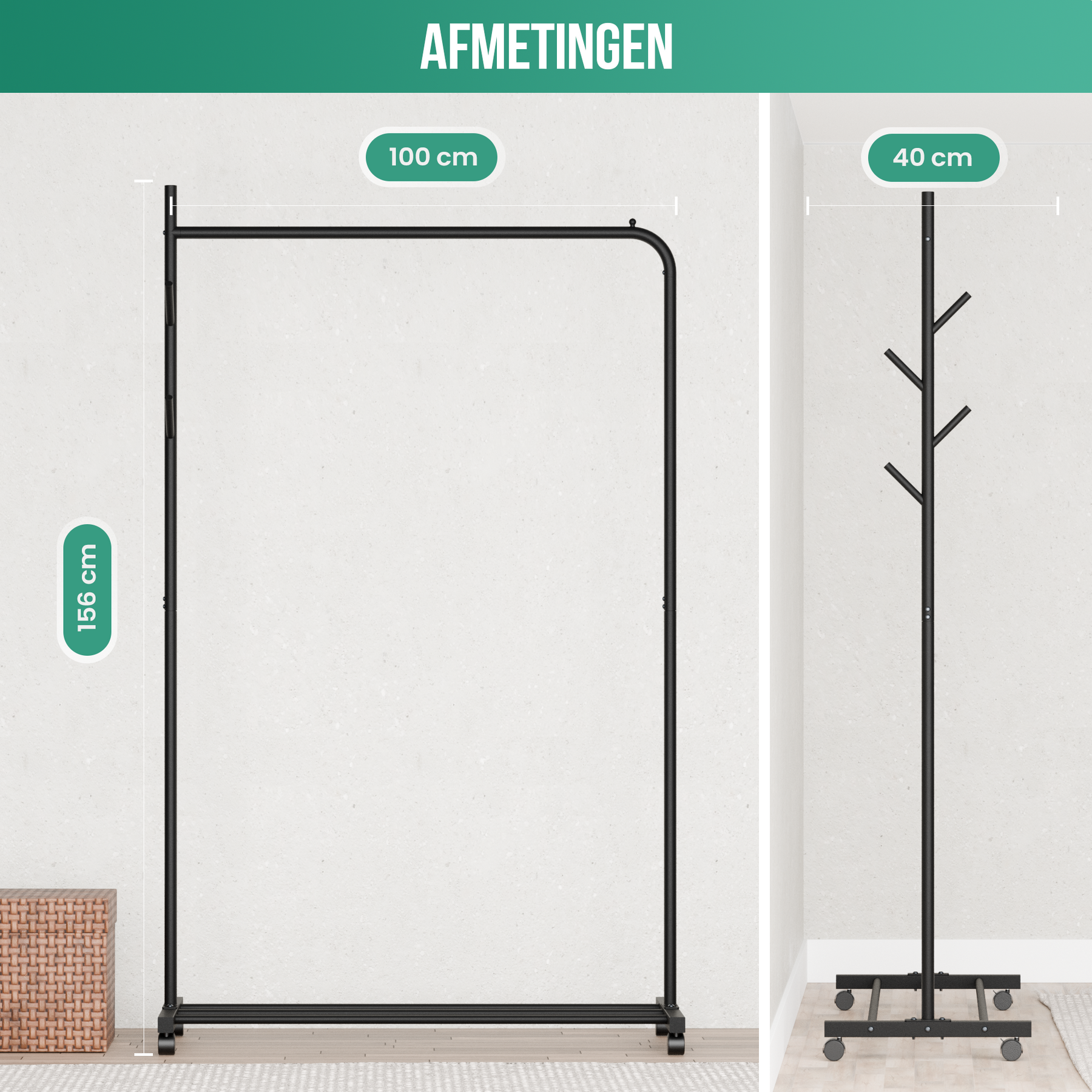 Avalo Kledingrek op Wieltjes Zwart - Metaal - 100x40x156 CM - Opbergruimte Voor Schoenen