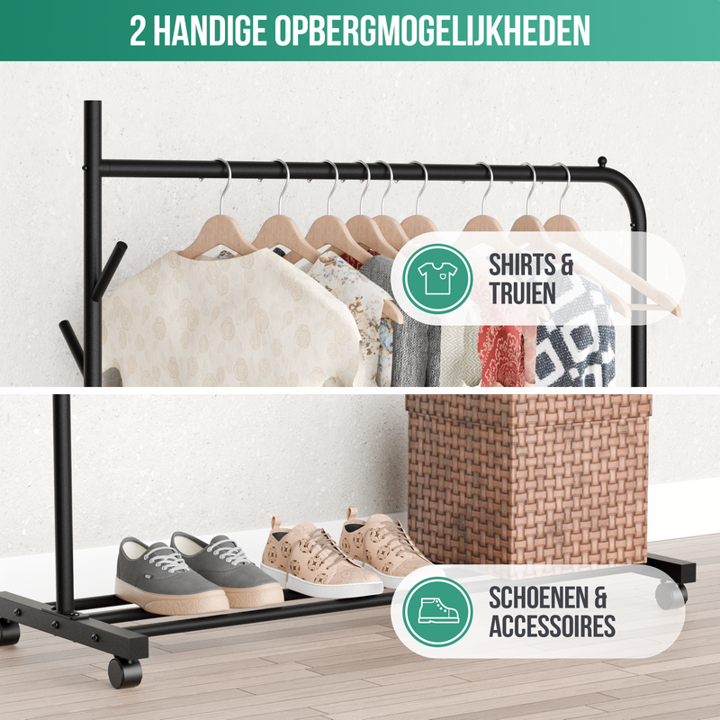 Avalo Kledingrek op Wieltjes Zwart - Metaal - 100x40x156 CM - Opbergruimte Voor Schoenen