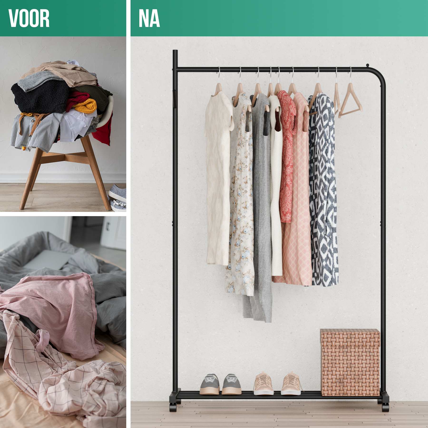 Avalo Kledingrek op Wieltjes Zwart - Metaal - 100x40x156 CM - Opbergruimte Voor Schoenen