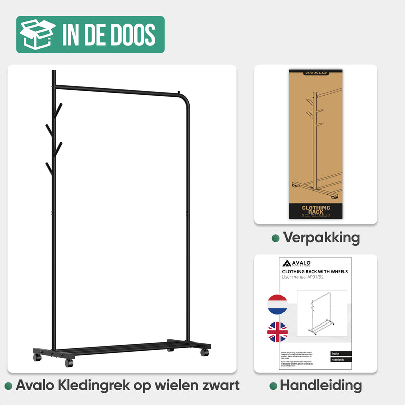 Avalo Kledingrek op Wieltjes Zwart - Metaal - 100x40x156 CM - Opbergruimte Voor Schoenen