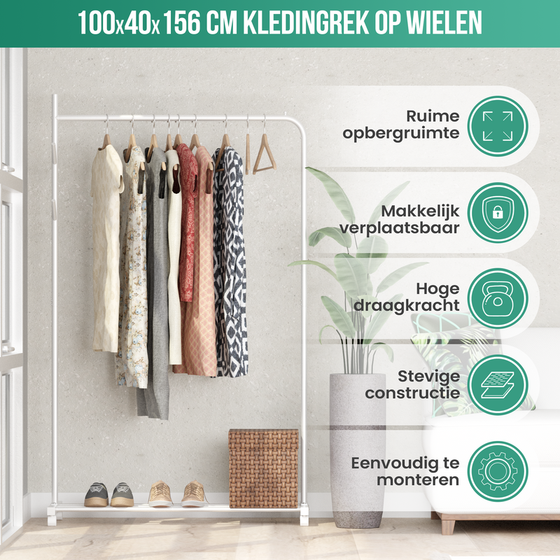 Avalo Kledingrek op Wieltjes Wit - Metaal - 100x40x156 CM - Opbergruimte Voor Schoenen