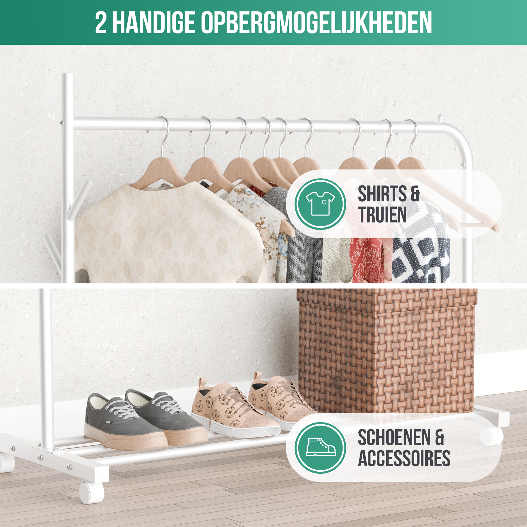 Avalo Kledingrek op Wieltjes Wit - Metaal - 100x40x156 CM - Opbergruimte Voor Schoenen