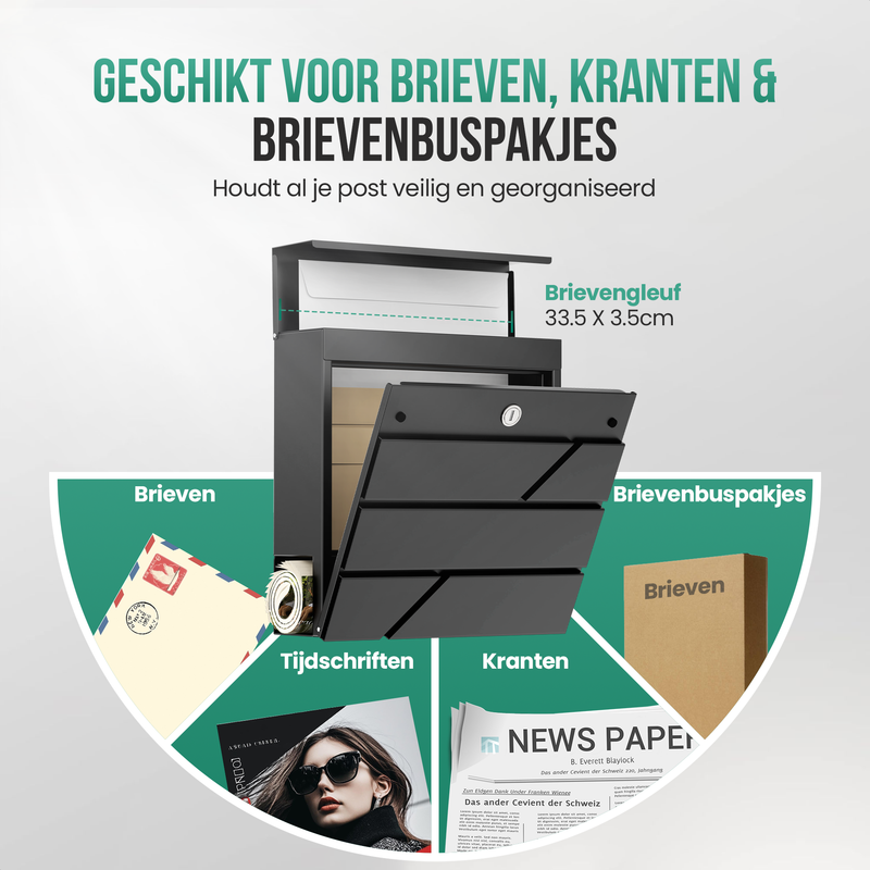 Avalo Brievenbus RVS Zwart met Krantenvak en Slot - Incl. Montagemateriaal & 2 Sleutels