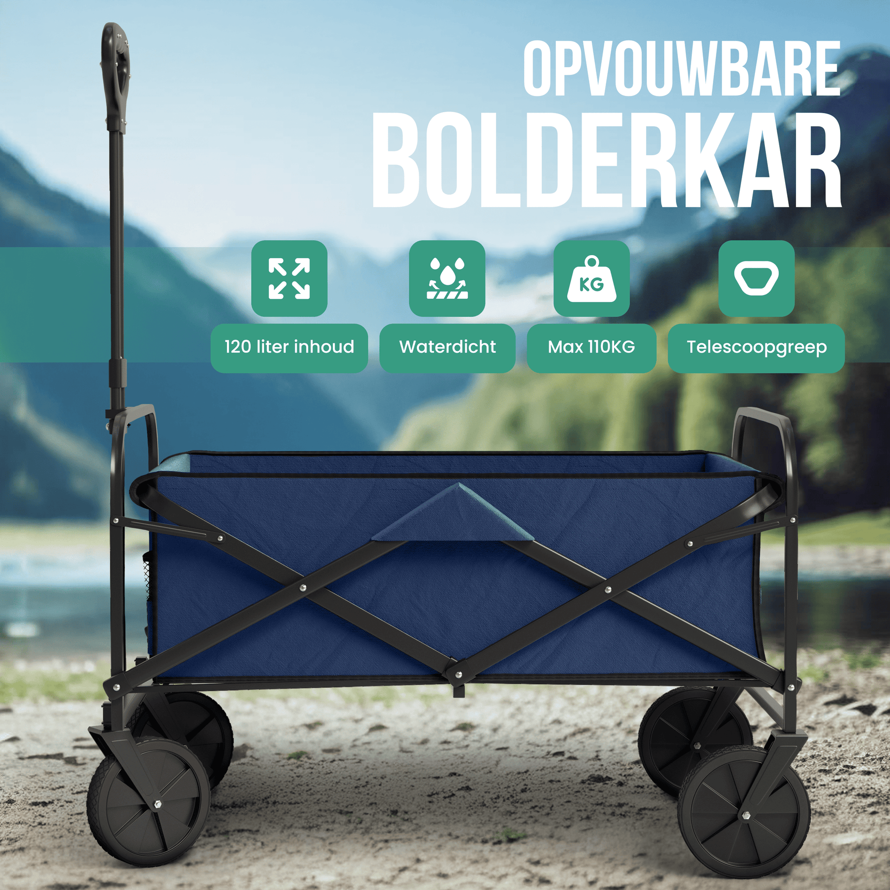 Avalo Bolderkar XL - Opvouwbaar - Tot 110KG - 91x51x103 CM - 120L - 360º Wielen - Blauw