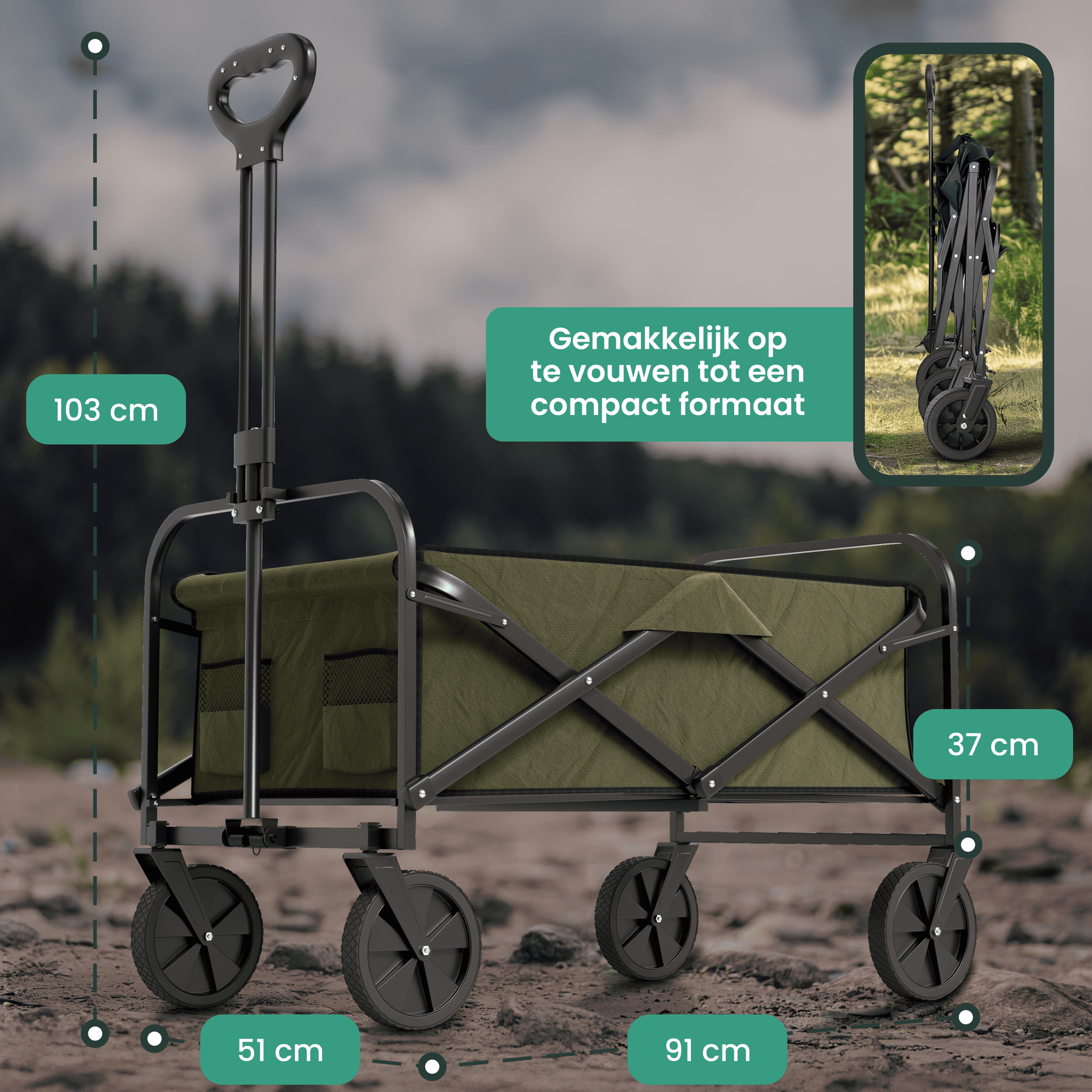 Avalo Bolderkar XL - Opvouwbaar - Tot 110KG - 91x51x103 CM - 120L - 360º Wielen - Groen