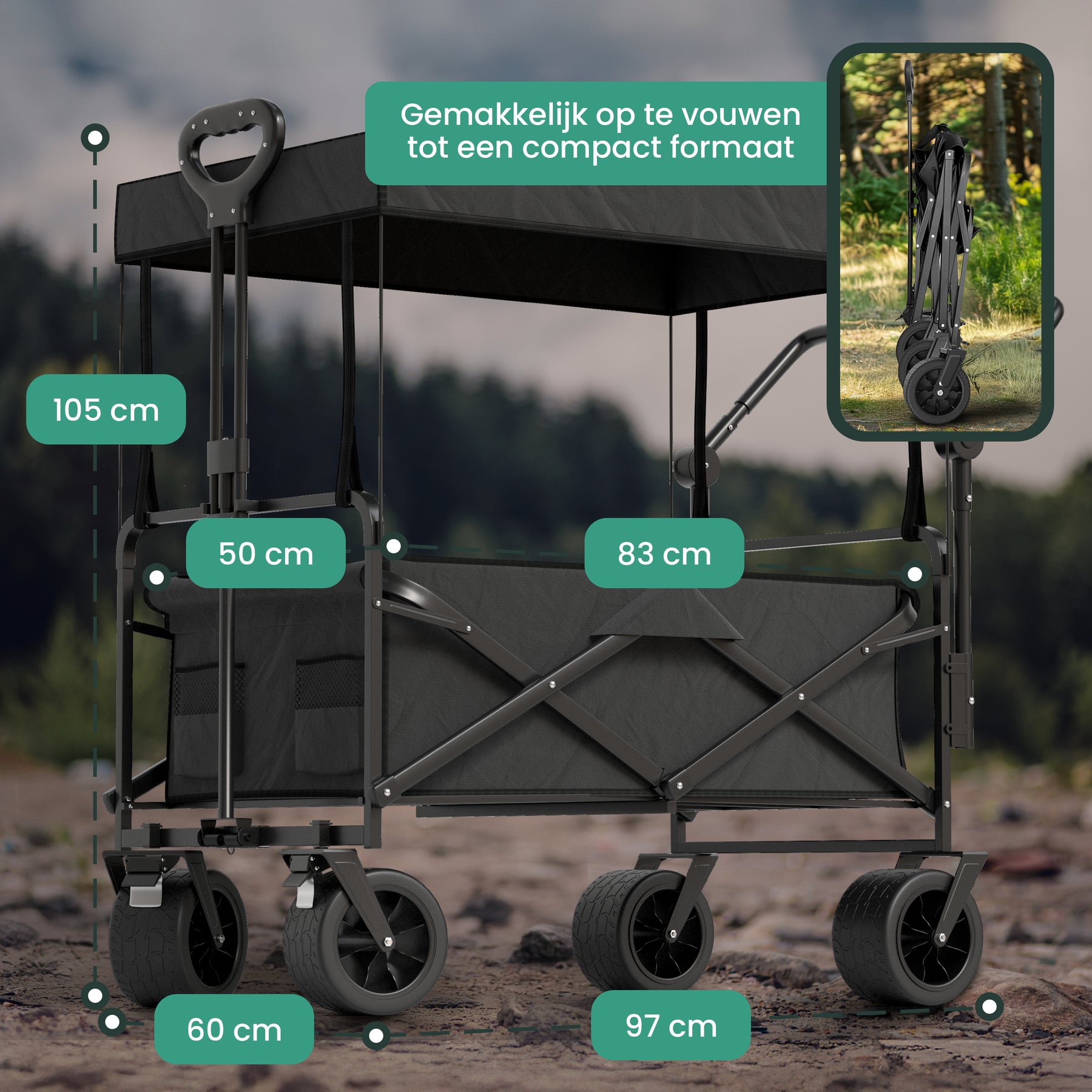 Avalo Bolderkar Met Dak XL - Opvouwbaar - Tot 110KG - 97x60x105 CM - 120L - 360º Wielen - Zwart