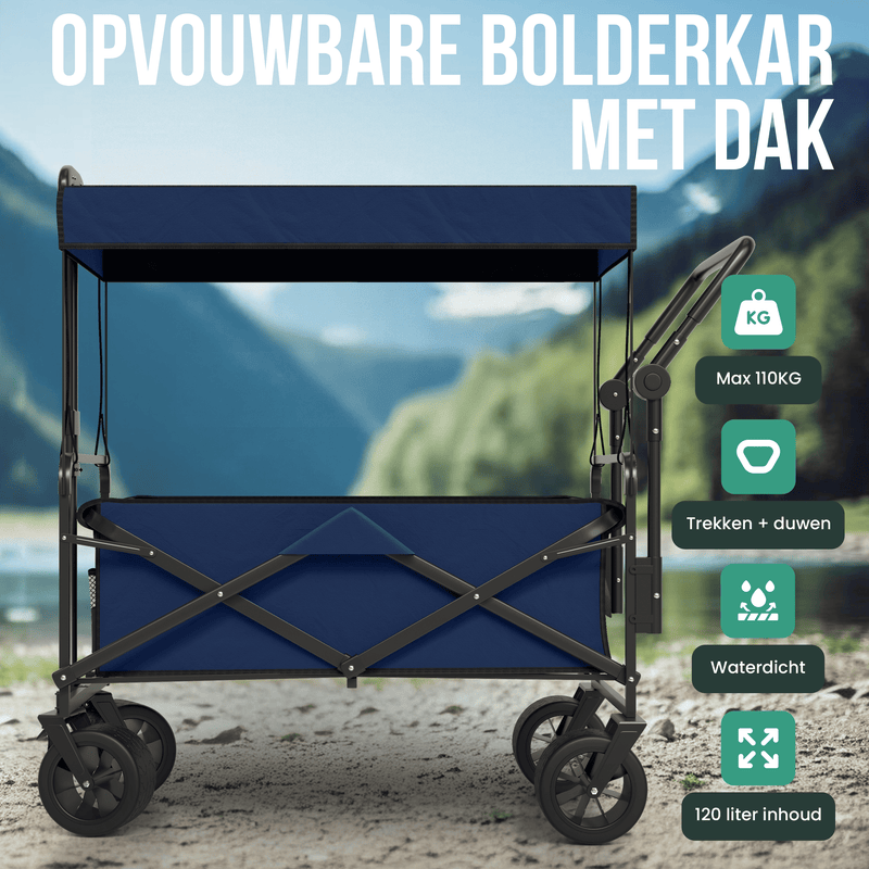Avalo Bolderkar Met Dak XL - Opvouwbaar - Tot 110KG - 97x60x105 CM - 120L - 360º Wielen - Blauw