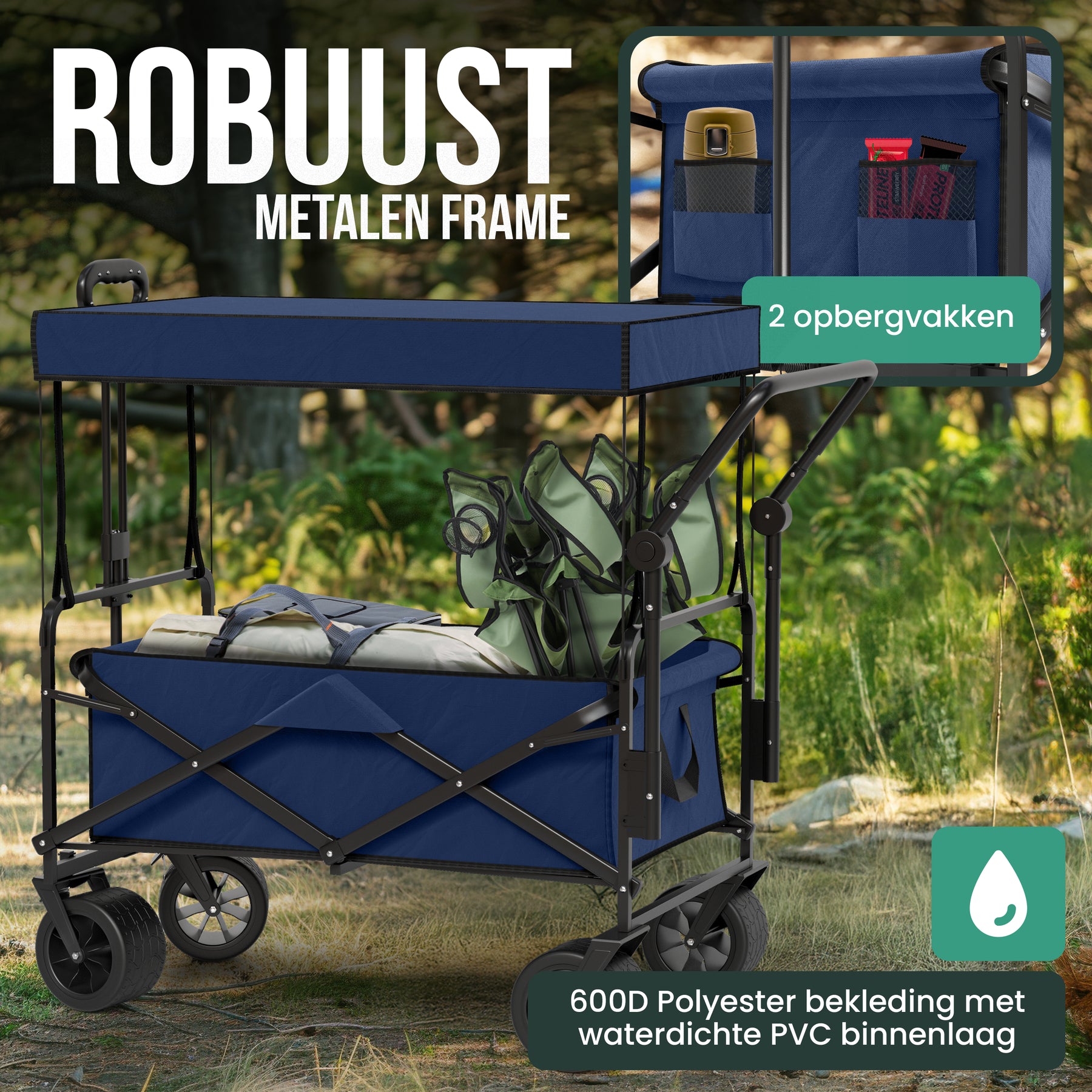 Avalo Bolderkar Met Dak XL - Opvouwbaar - Tot 110KG - 97x60x105 CM - 120L - 360º Wielen - Blauw