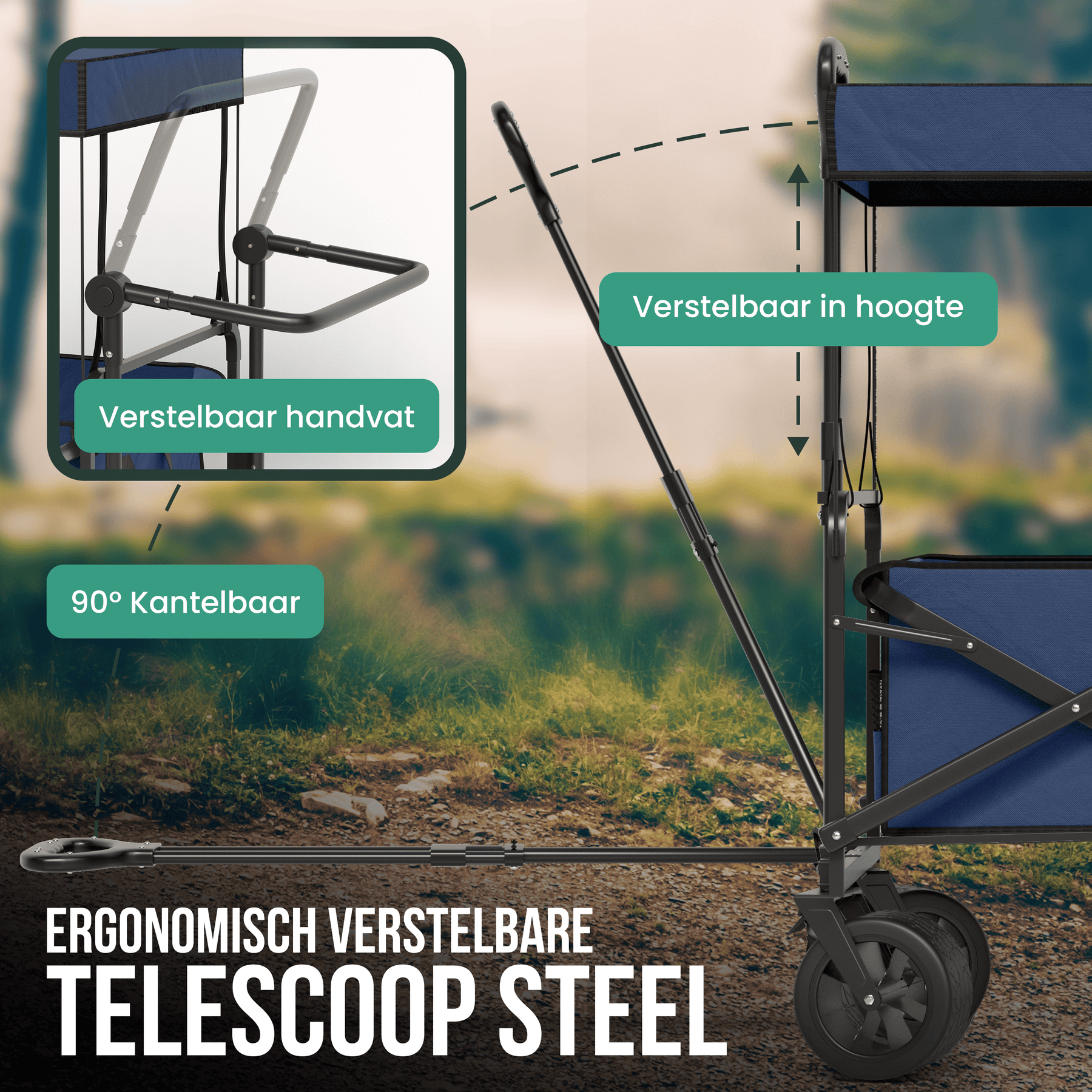 Avalo Bolderkar Met Dak XL - Opvouwbaar - Tot 110KG - 97x60x105 CM - 120L - 360º Wielen - Blauw