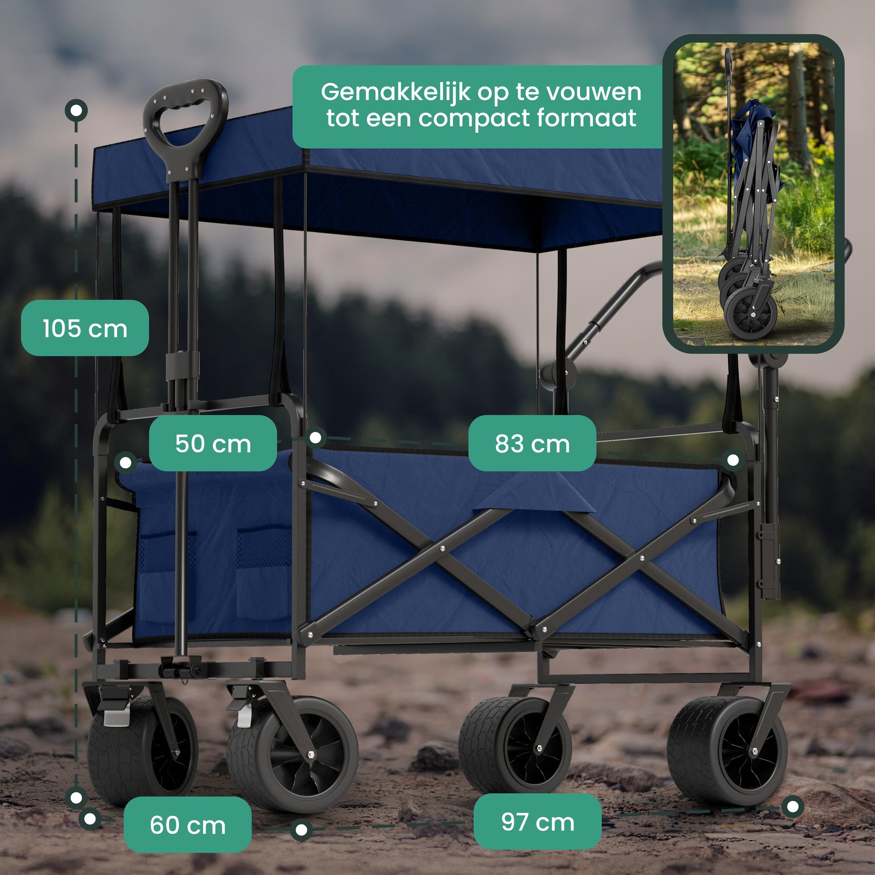 Avalo Bolderkar Met Dak XL - Opvouwbaar - Tot 110KG - 97x60x105 CM - 120L - 360º Wielen - Blauw