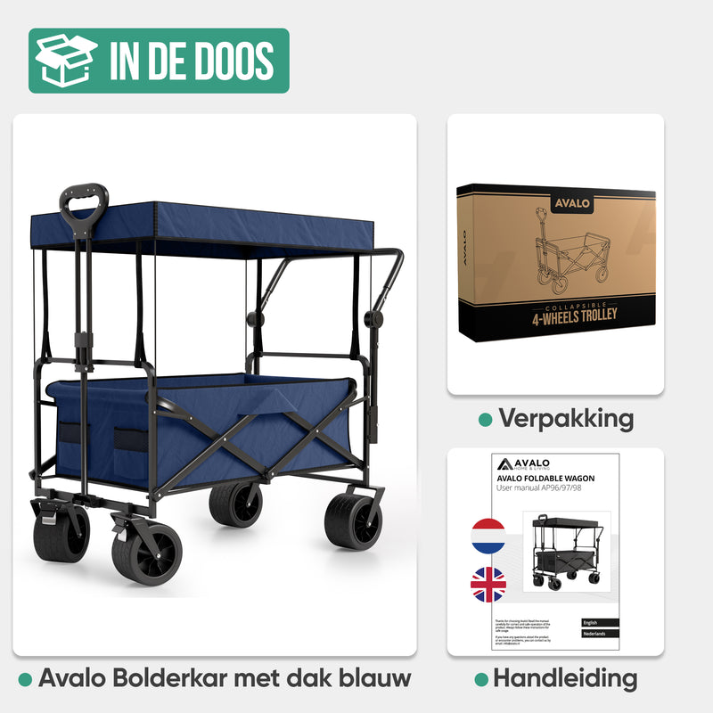 Avalo Bolderkar Met Dak XL - Opvouwbaar - Tot 110KG - 97x60x105 CM - 120L - 360º Wielen - Blauw
