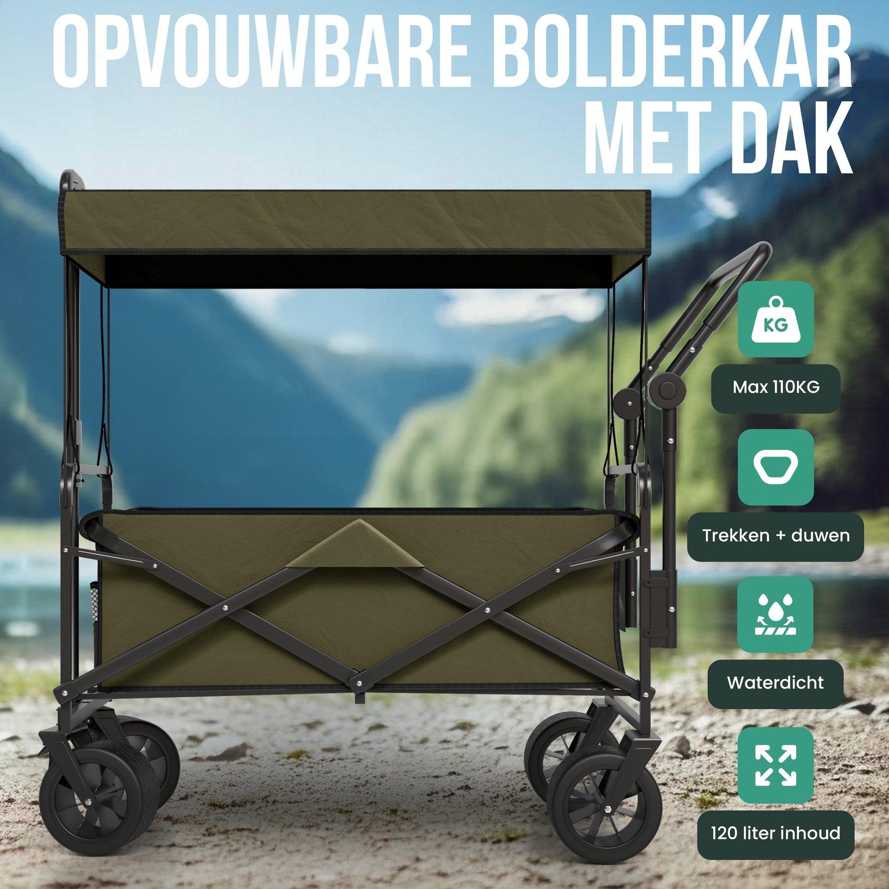 Avalo Bolderkar Met Dak XL - Opvouwbaar - Tot 110KG - 97x60x105 CM - 120L - 360º Wielen - Groen