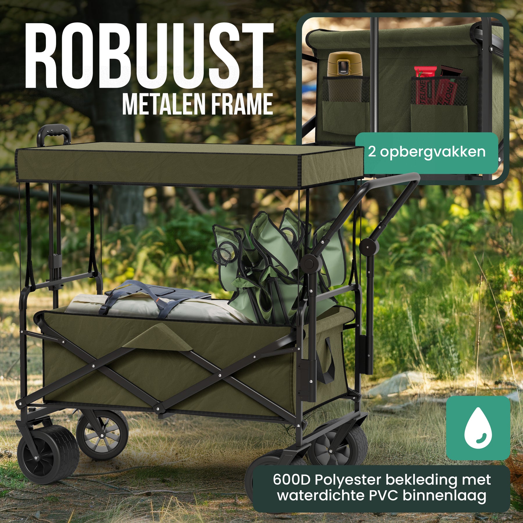 Avalo Bolderkar Met Dak XL - Opvouwbaar - Tot 110KG - 97x60x105 CM - 120L - 360º Wielen - Groen
