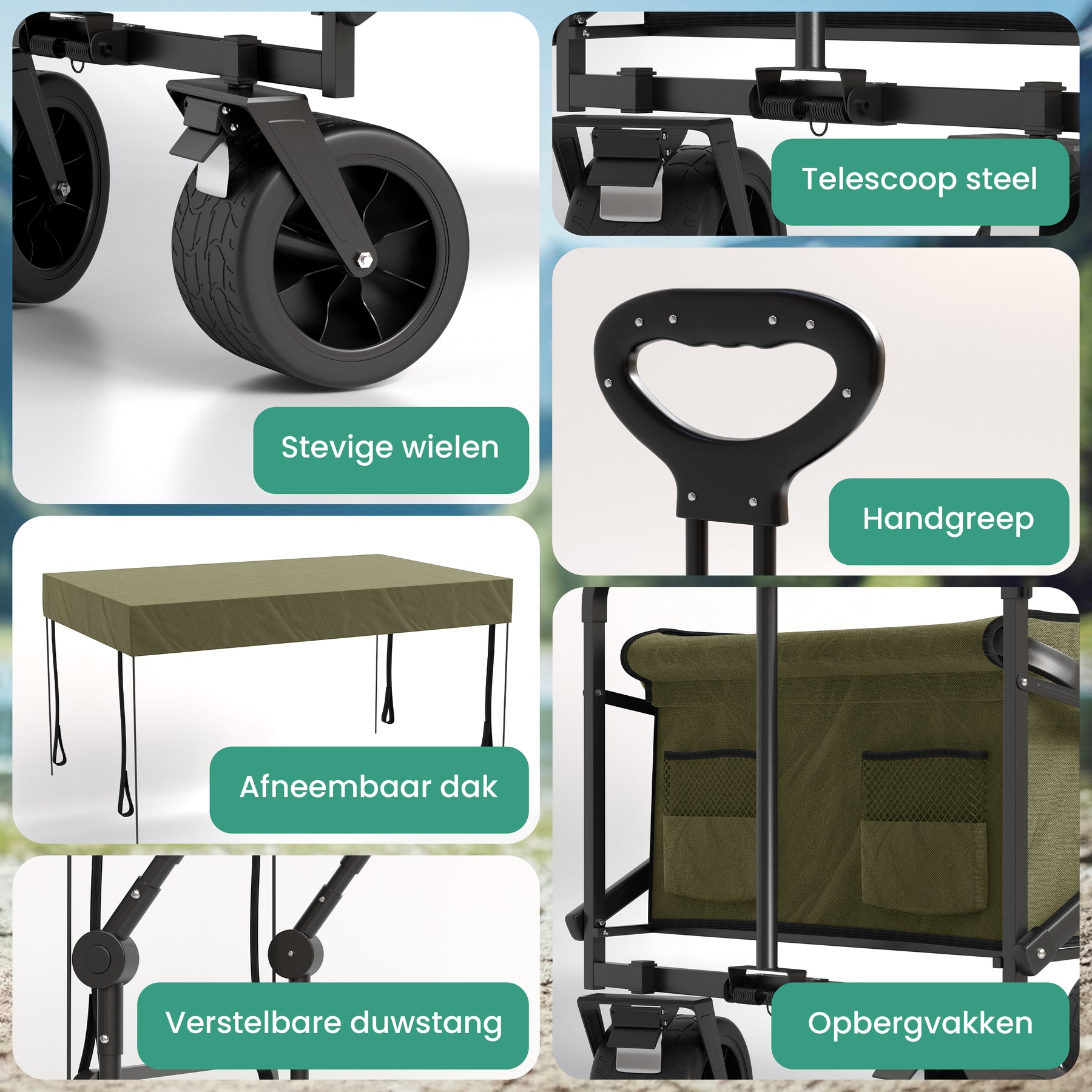 Avalo Bolderkar Met Dak XL - Opvouwbaar - Tot 110KG - 97x60x105 CM - 120L - 360º Wielen - Groen