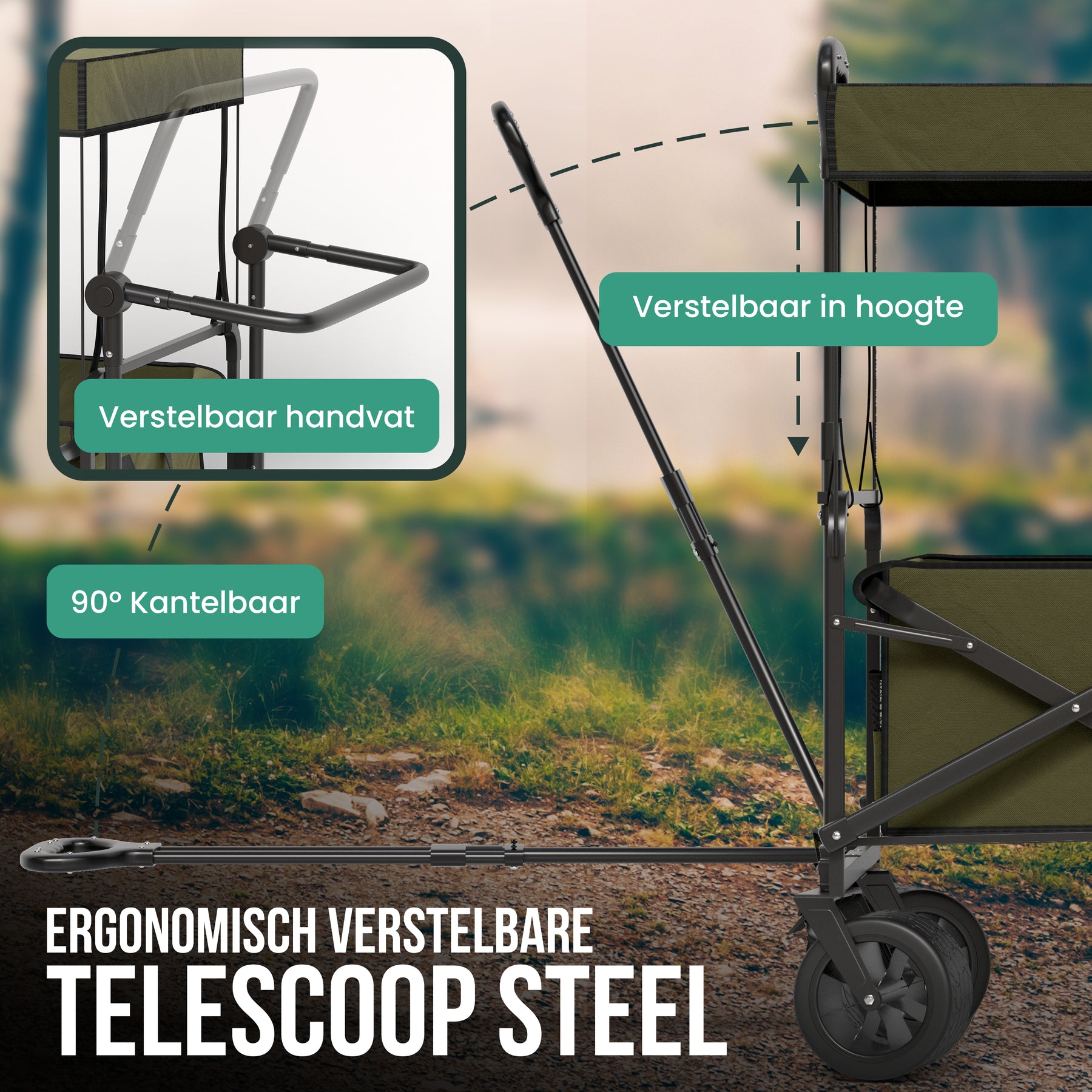Avalo Bolderkar Met Dak XL - Opvouwbaar - Tot 110KG - 97x60x105 CM - 120L - 360º Wielen - Groen