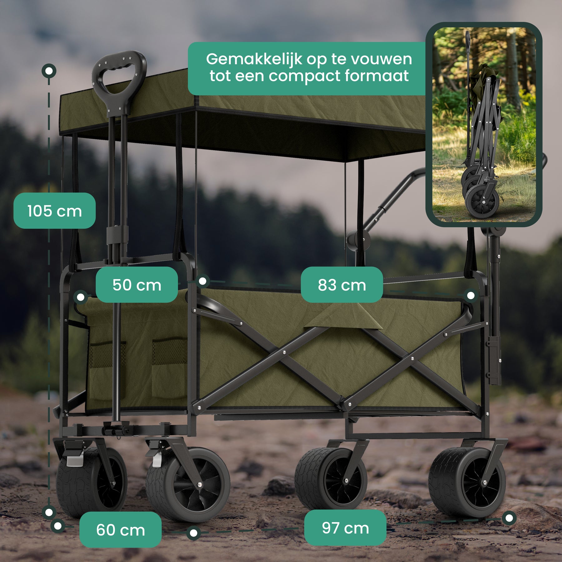 Avalo Bolderkar Met Dak XL - Opvouwbaar - Tot 110KG - 97x60x105 CM - 120L - 360º Wielen - Groen