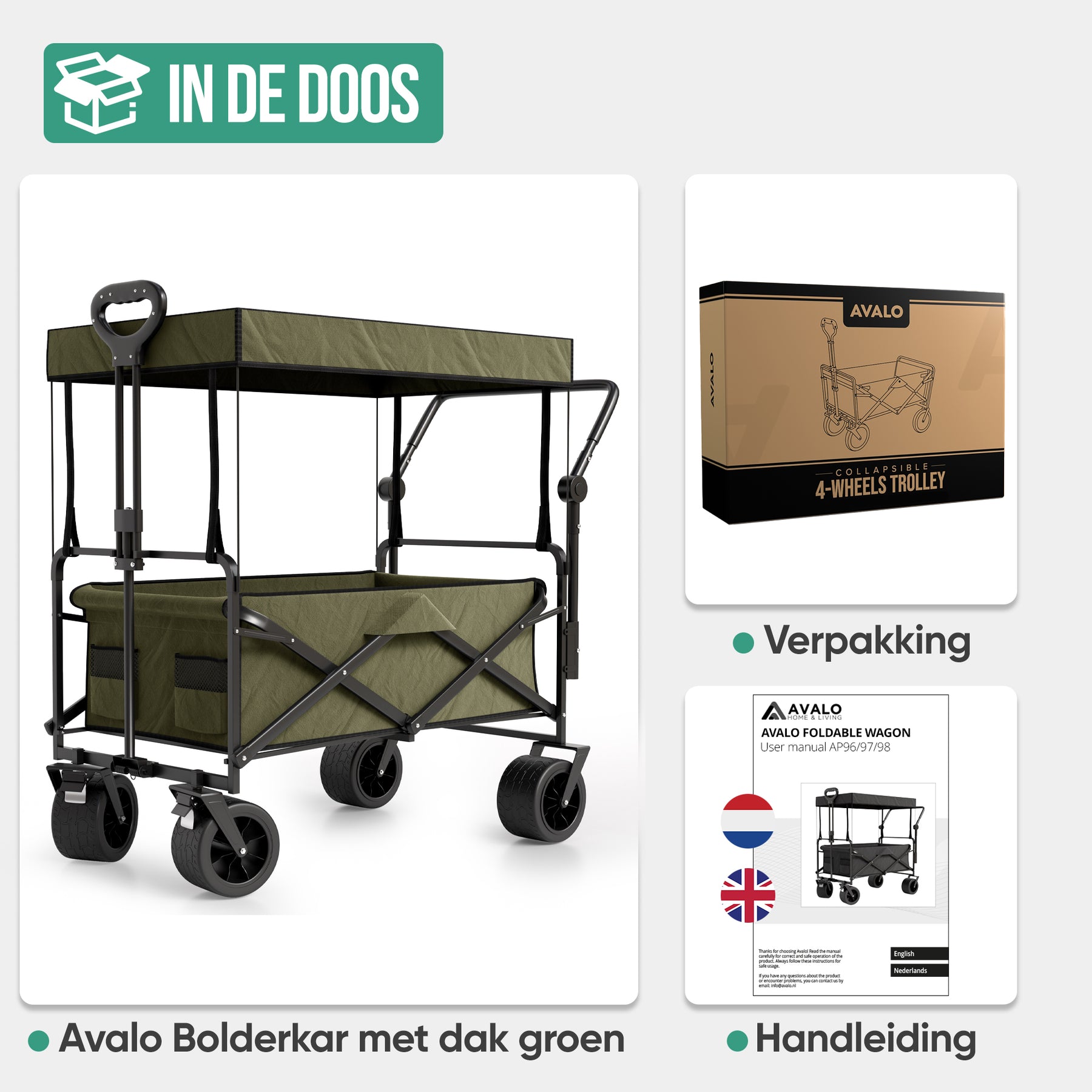 Avalo Bolderkar Met Dak XL - Opvouwbaar - Tot 110KG - 97x60x105 CM - 120L - 360º Wielen - Groen