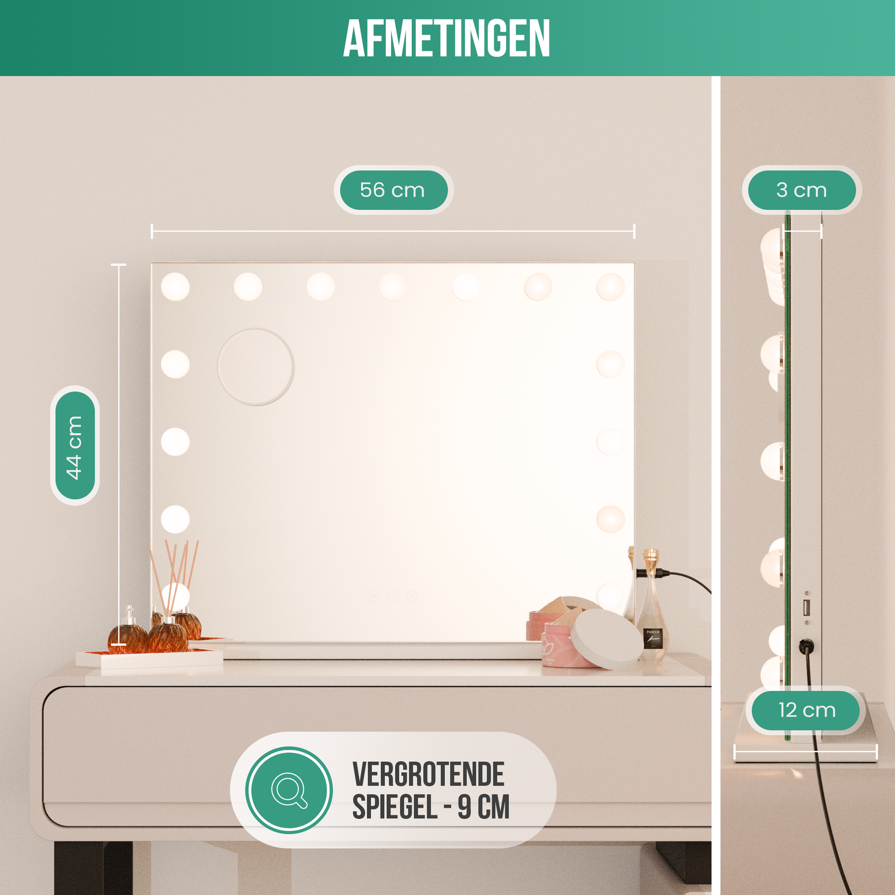 Avalo - Make Up Spiegel Met Verlichting - 56x44 CM - Hollywood Spiegel - Spiegel Met Verlichting - Make Up Spiegel - 3 Dimbare Lichtstanden - 10x Vergroting - Ingebouwde USB Lader