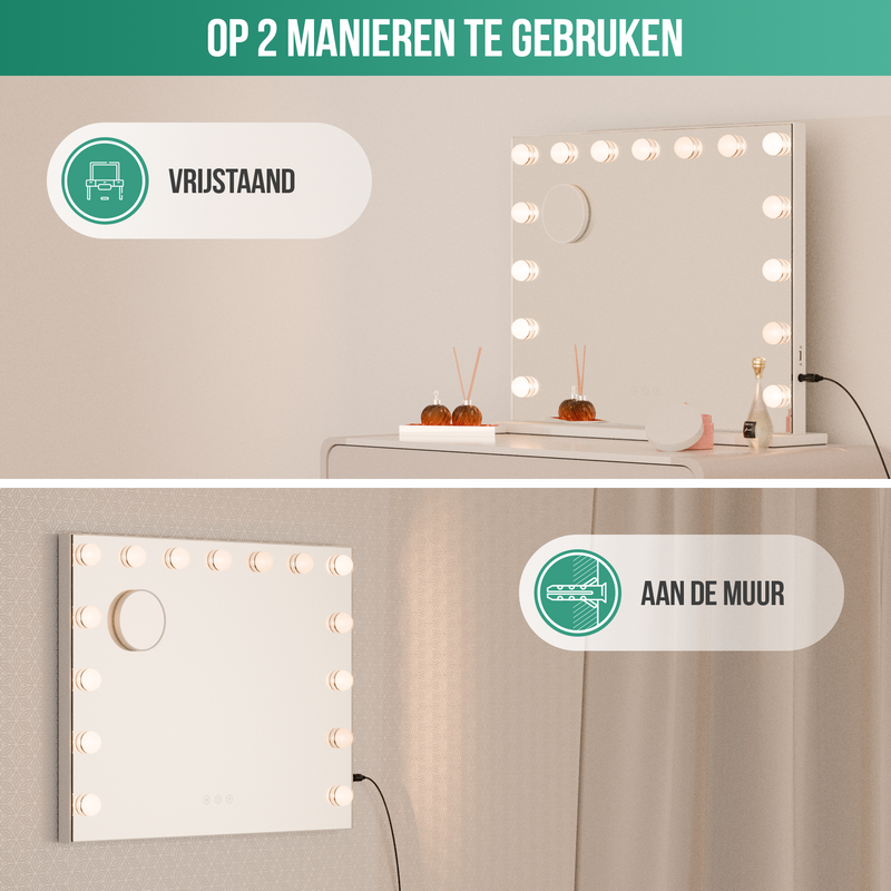 Avalo - Make Up Spiegel Met Verlichting - 56x44 CM - Hollywood Spiegel - Spiegel Met Verlichting - Make Up Spiegel - 3 Dimbare Lichtstanden - 10x Vergroting - Ingebouwde USB Lader