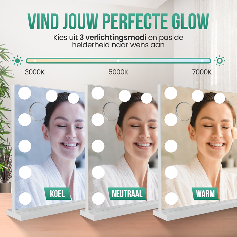 Avalo - Make Up Spiegel Met Verlichting - 80x60 CM - Hollywood Spiegel - Spiegel Met Verlichting - Make Up Spiegel - 3 Dimbare Lichtstanden - 10x Vergroting - Ingebouwde USB Lader