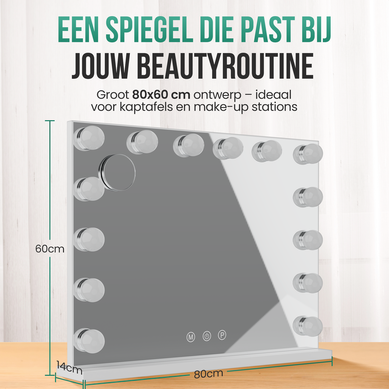 Avalo - Make Up Spiegel Met Verlichting - 80x60 CM - Hollywood Spiegel - Spiegel Met Verlichting - Make Up Spiegel - 3 Dimbare Lichtstanden - 10x Vergroting - Ingebouwde USB Lader