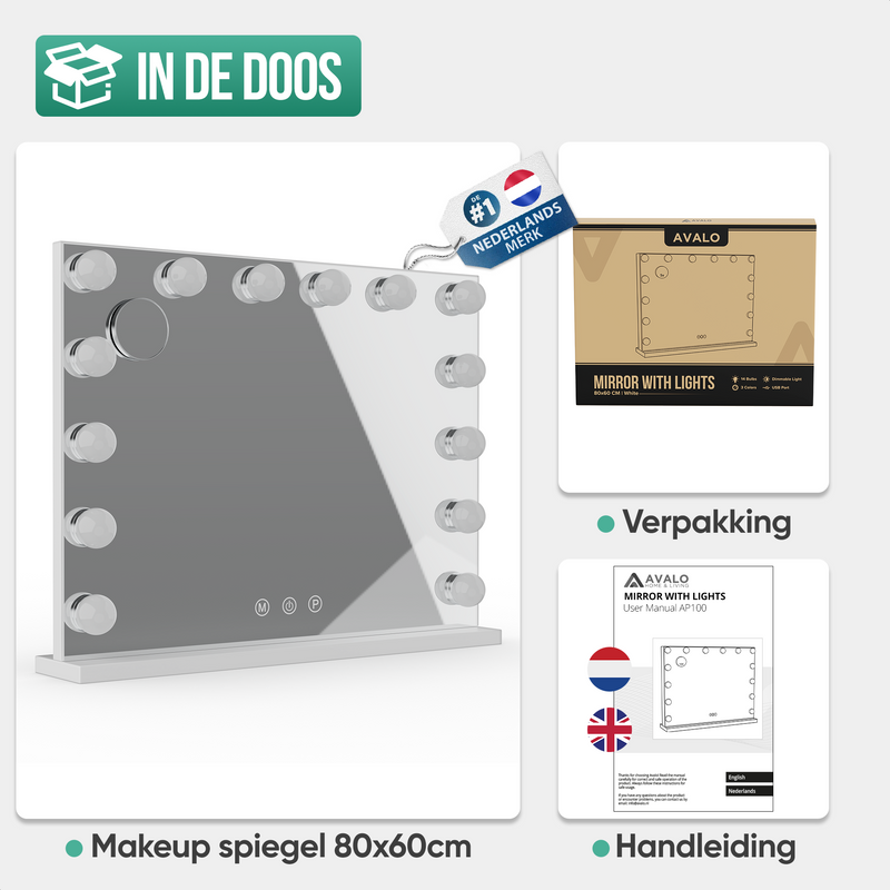 Avalo - Make Up Spiegel Met Verlichting - 80x60 CM - Hollywood Spiegel - Spiegel Met Verlichting - Make Up Spiegel - 3 Dimbare Lichtstanden - 10x Vergroting - Ingebouwde USB Lader