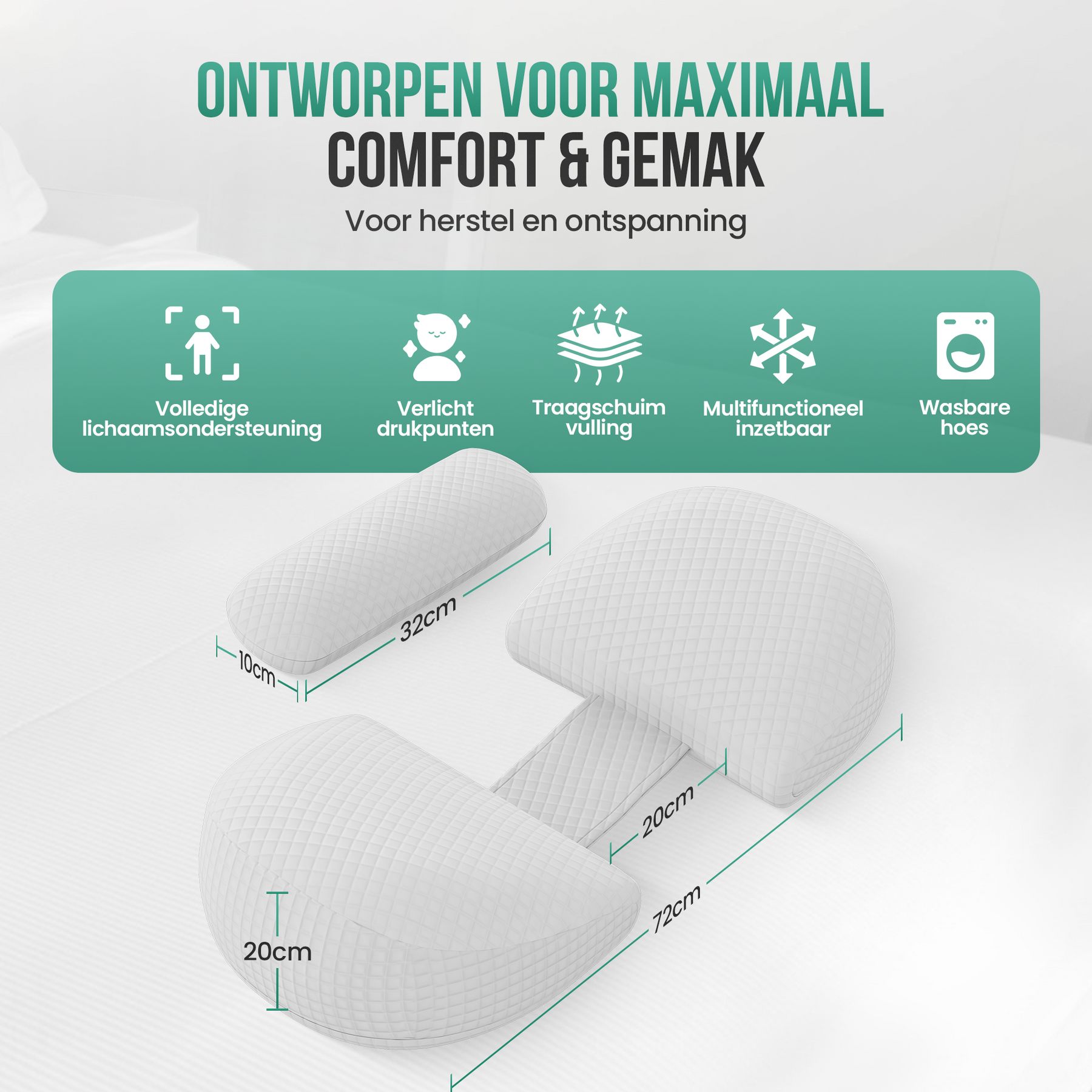 Avalo Zwangerschapskussen W-Vorm - Traagschuim - Zijslaapkussen Volwassenen - Verstelbare Wig - Buik-, Rug- & Beensteun - Voedingskussen - Lichaamskussen - Wasbare Hoes