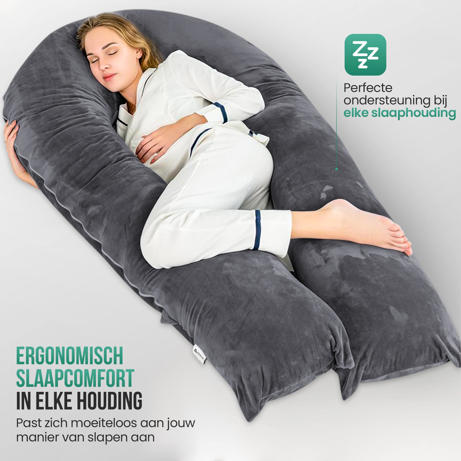 Avalo Zwangerschapskussen XXL 280 cm - U-Vorm Zijslaapkussen - Ergonomisch Body Pillow - Voedingskussen & Lichaamskussen voor Zwangere Vrouwen - Donkergrijs