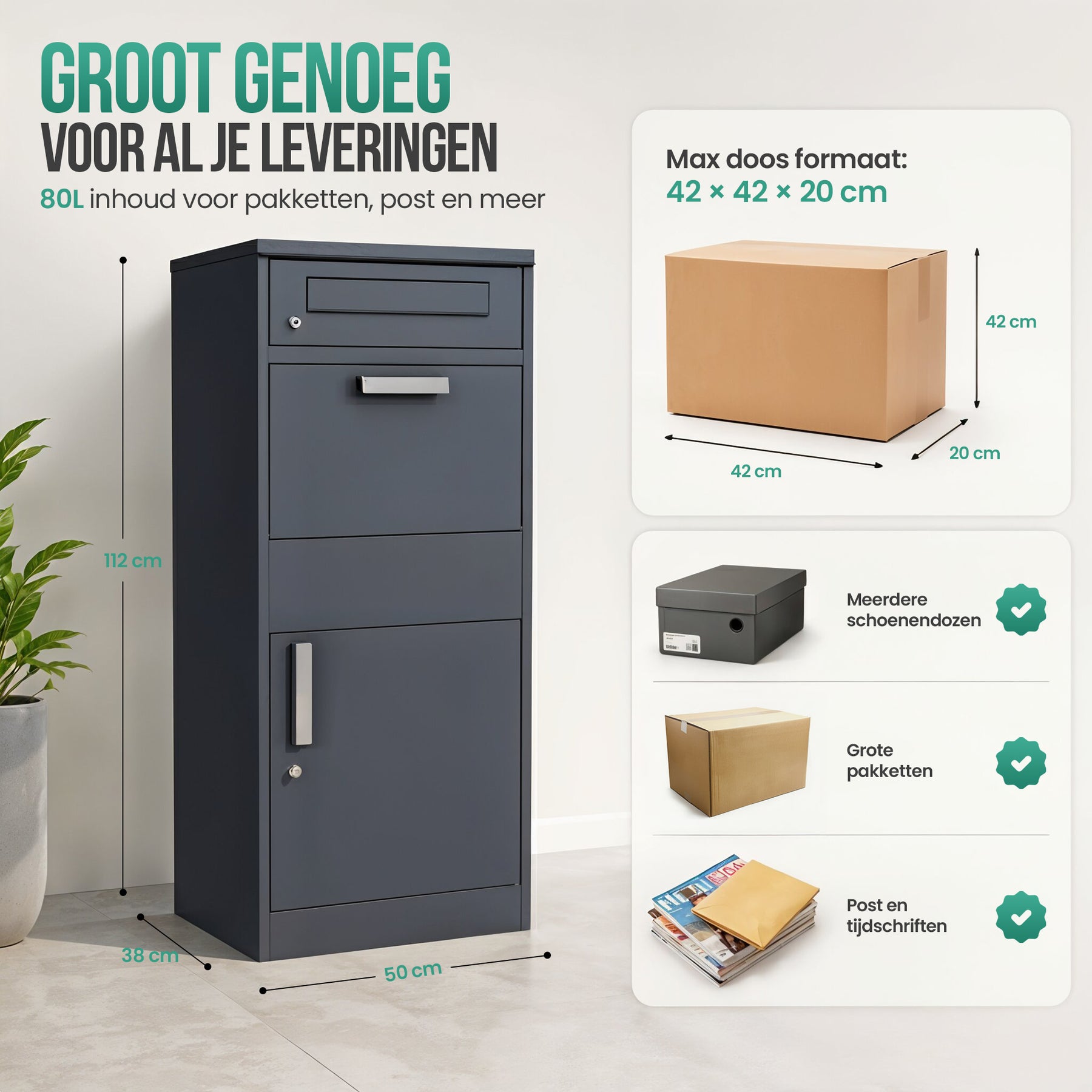Avalo Pakketbrievenbus - Pakketkluis voor Buiten - Pakketbox Antraciet - Afsluitbaar met Slot - Wandmontage of Vrijstaand