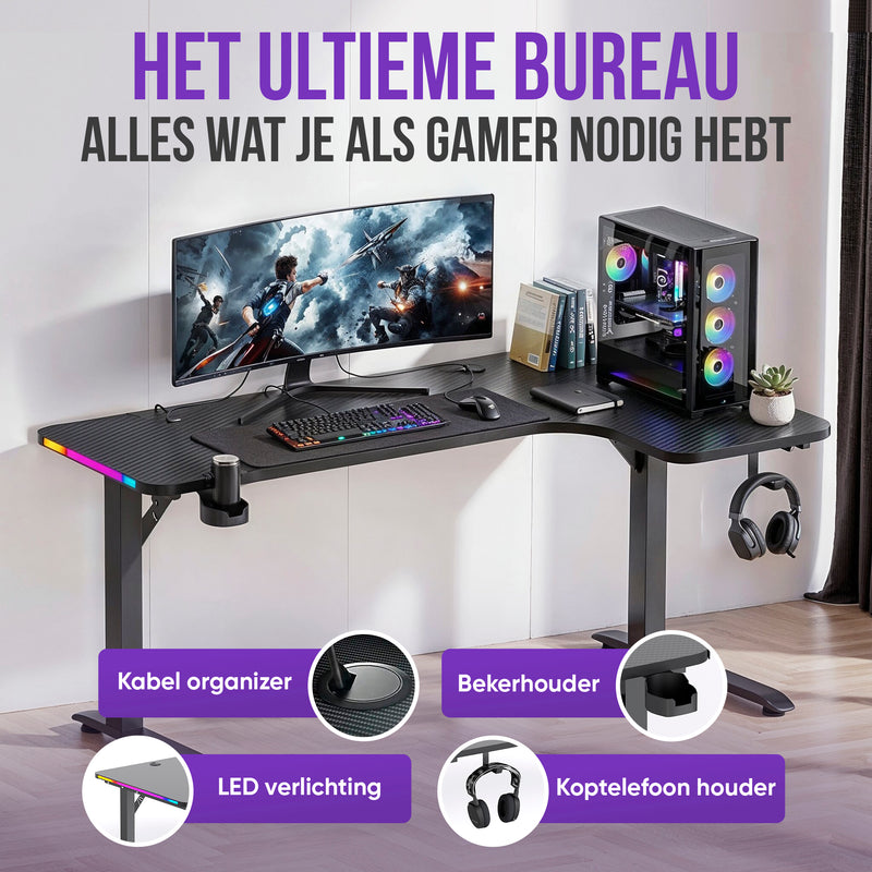 Avalo Gaming Bureau - 160x100x75 CM - L Vormig Hoekbureau - Game Desk Met LED Verlichting - Tafel - Zwart - Hoek Rechts