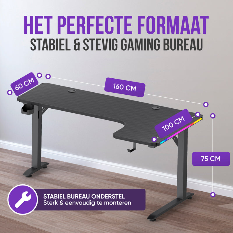 Avalo Gaming Bureau - 160x100x75 CM - L Vormig Hoekbureau - Game Desk Met LED Verlichting - Tafel - Zwart - Hoek Rechts