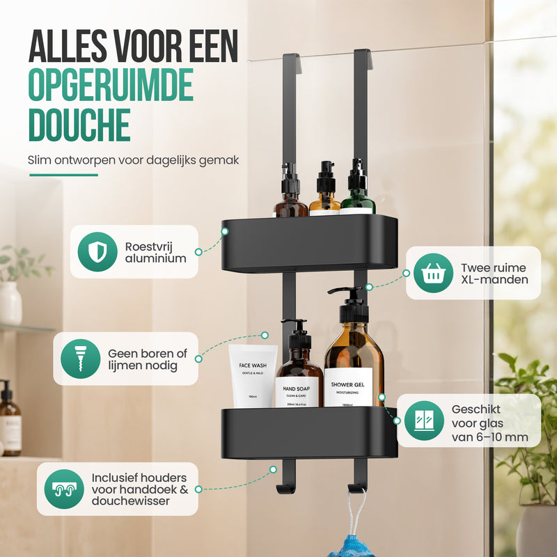 Avalo Doucherek Hangend Zwart - Opbergrek Badkamer - Doucherekje Zonder Boren - Met Ophanghaken - Voor Douchedeur - Douchecaddy