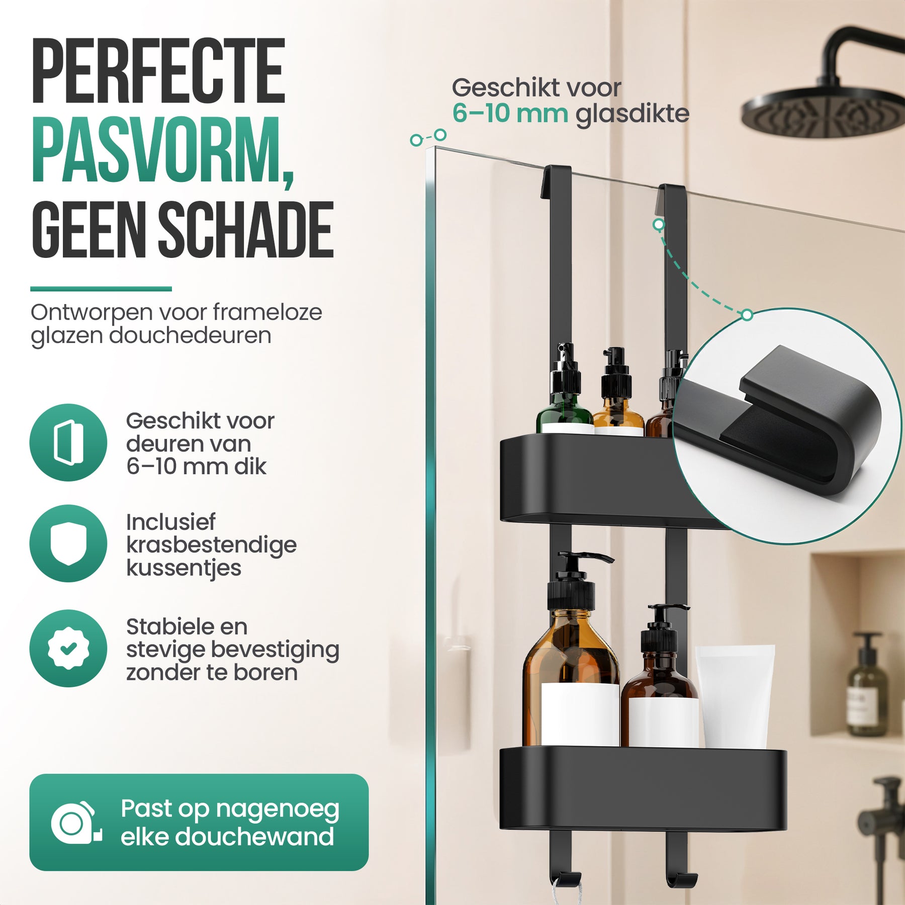 Avalo Doucherek Hangend Zwart - Opbergrek Badkamer - Doucherekje Zonder Boren - Met Ophanghaken - Voor Douchedeur - Douchecaddy